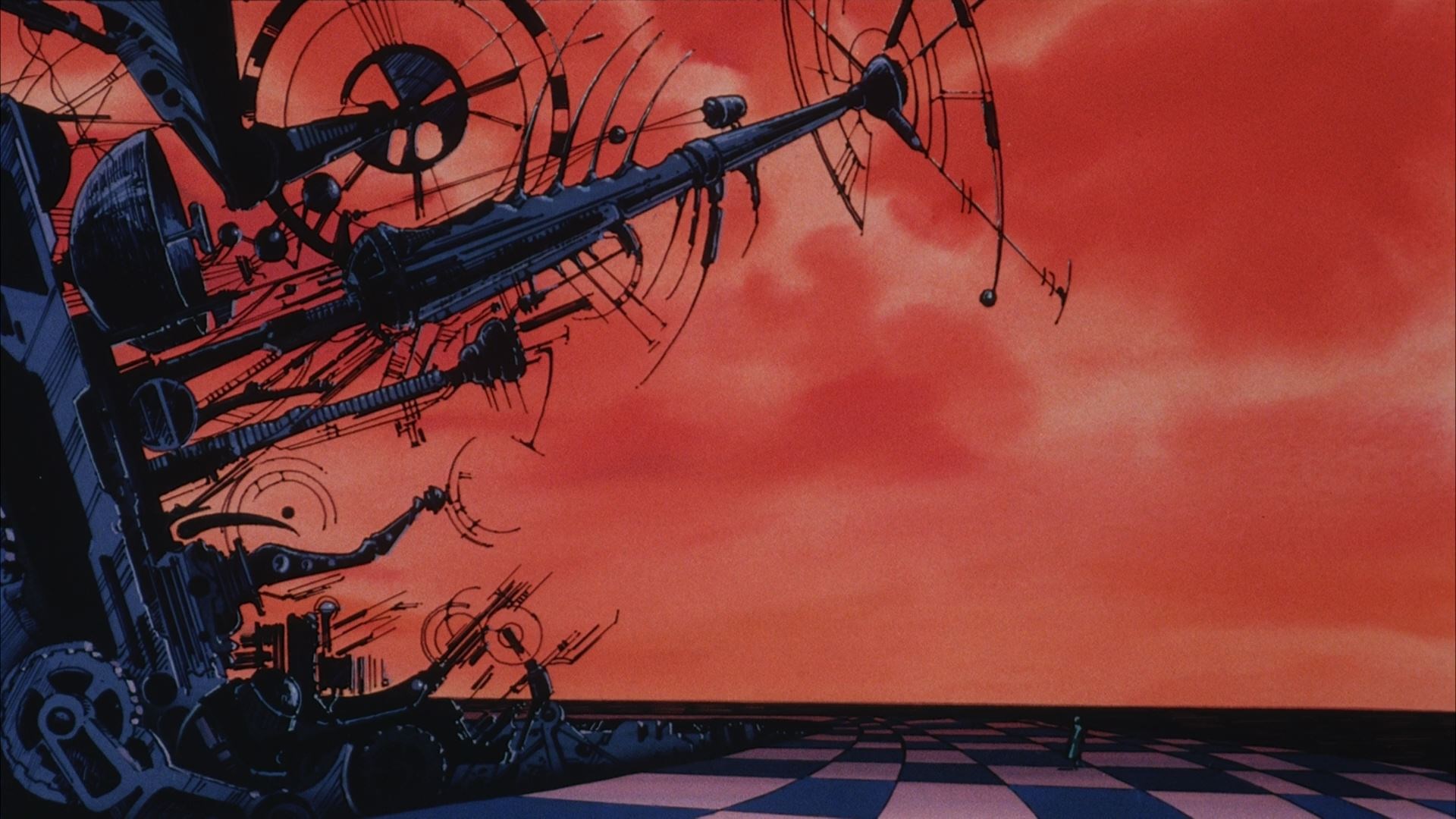 Angel's Egg: Mechanical Structures in Red Sky HD Wallpaper