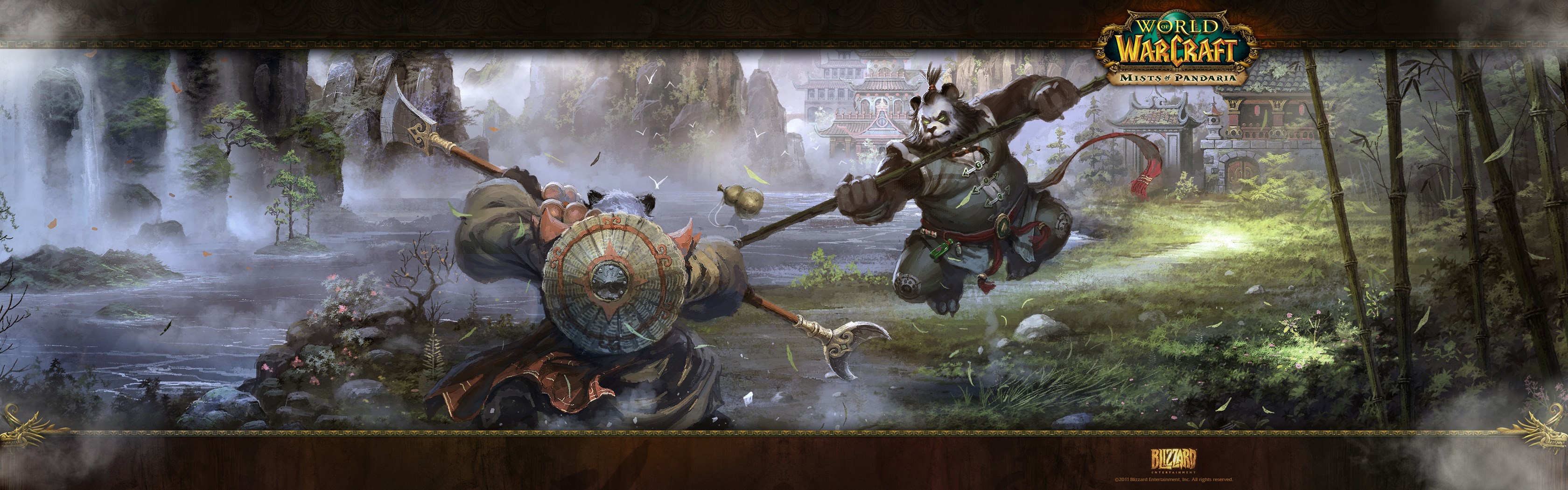 World of Warcraft: Mist of Pandaria artwork with pandas fighting HD Wallpaper