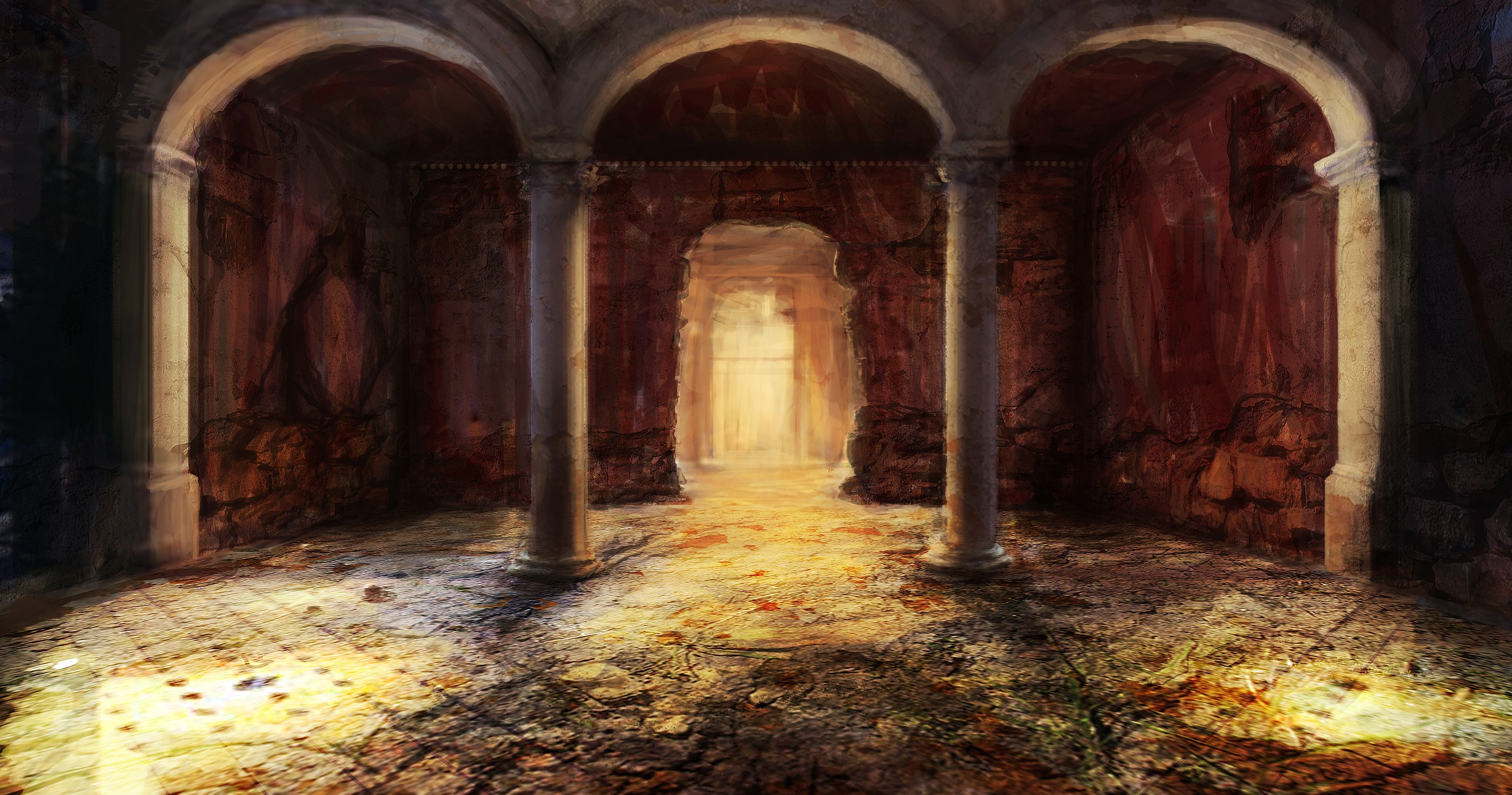 Ancient Roman interior with arches and columns HD Wallpaper
