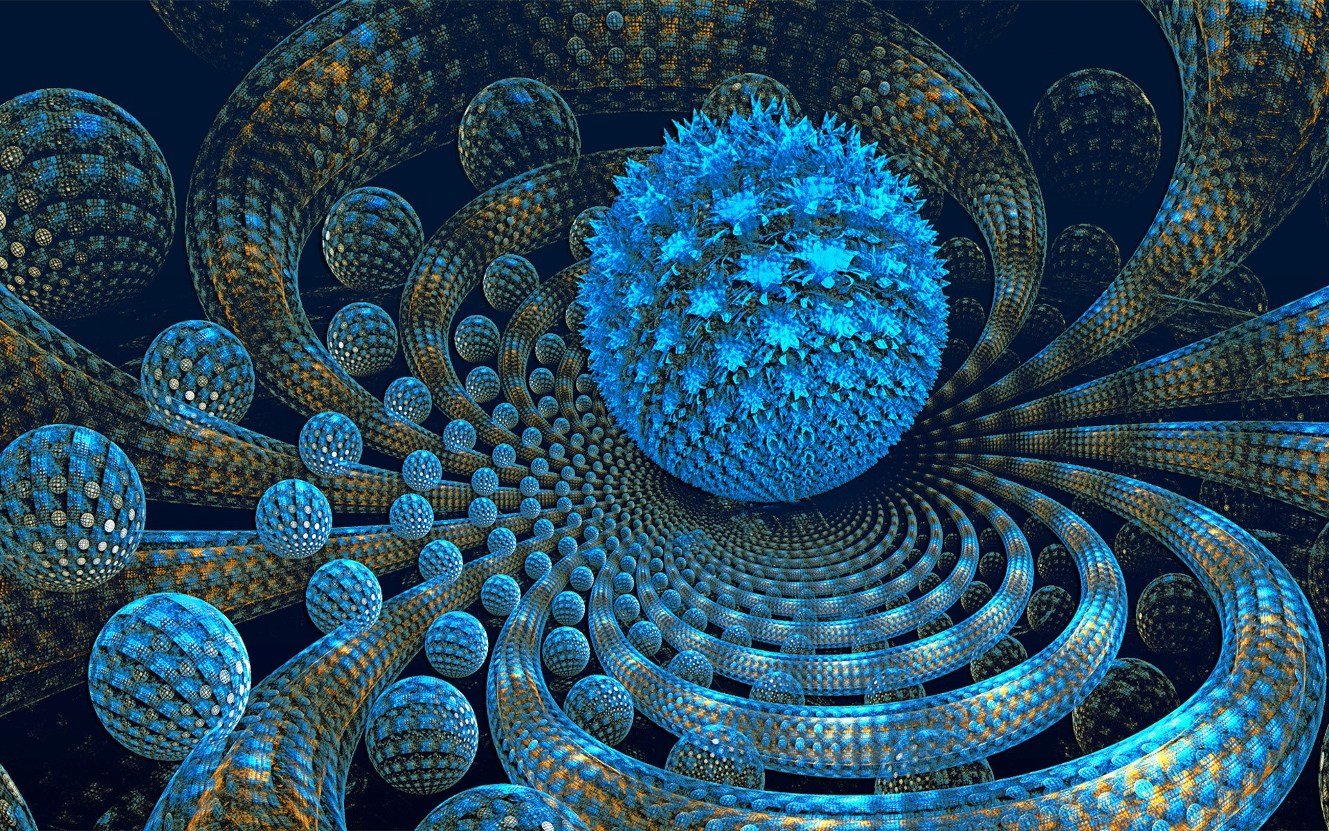 Abstract fractal art with blue spheres and golden tubes HD Wallpaper