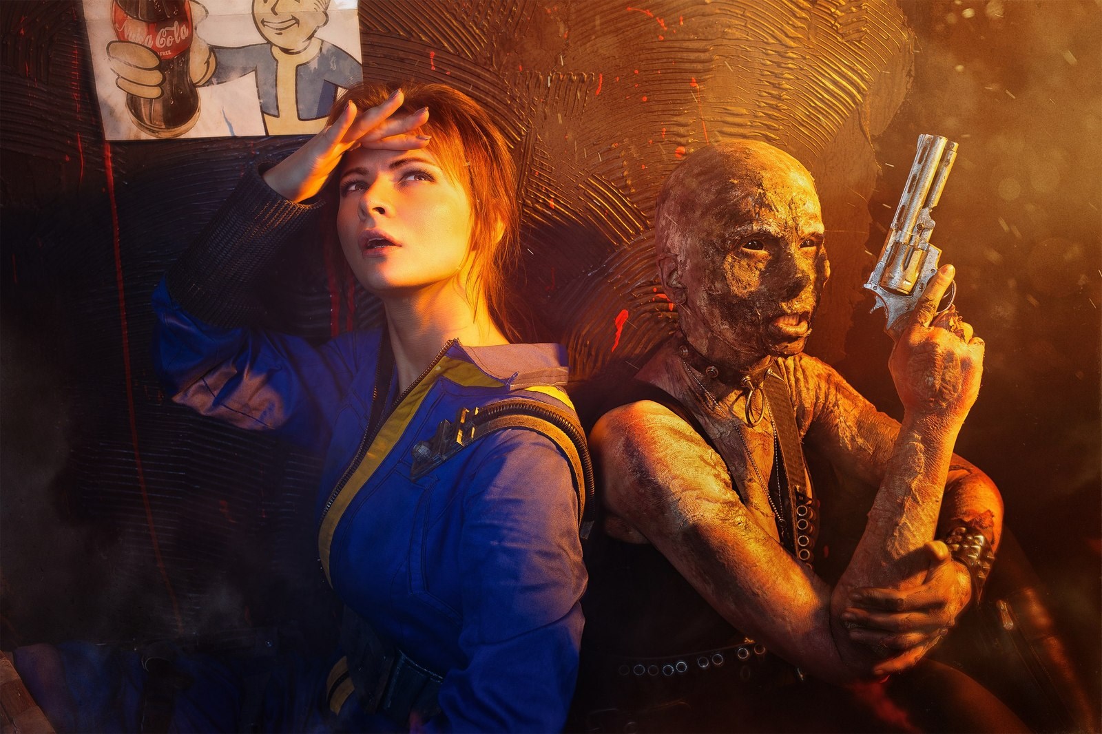 Fallout cosplay of Vault Dweller and Ghoul with gun HD Wallpaper