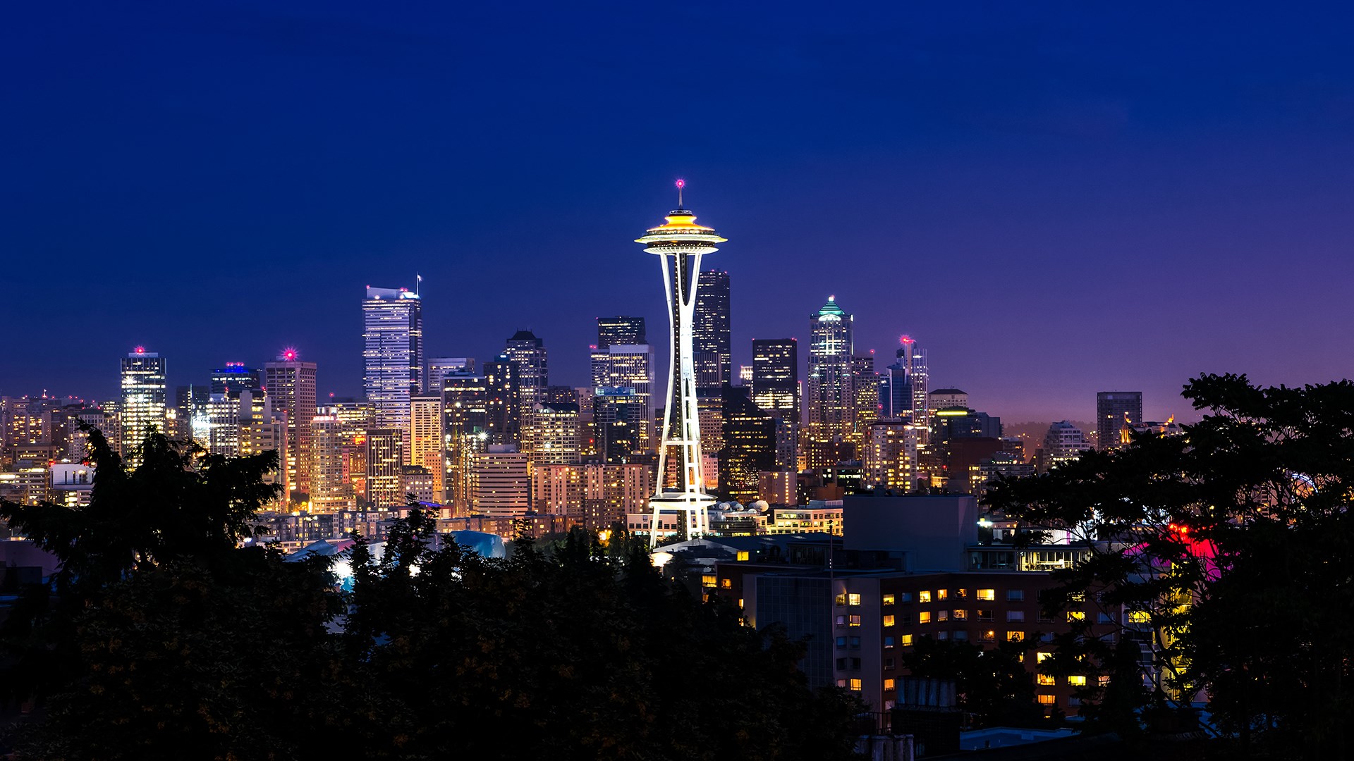 Seattle skyline with Space Needle at night HD Wallpaper