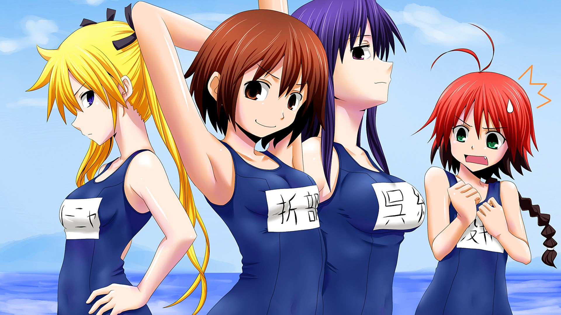 Four anime girls in swimsuits HD Wallpaper