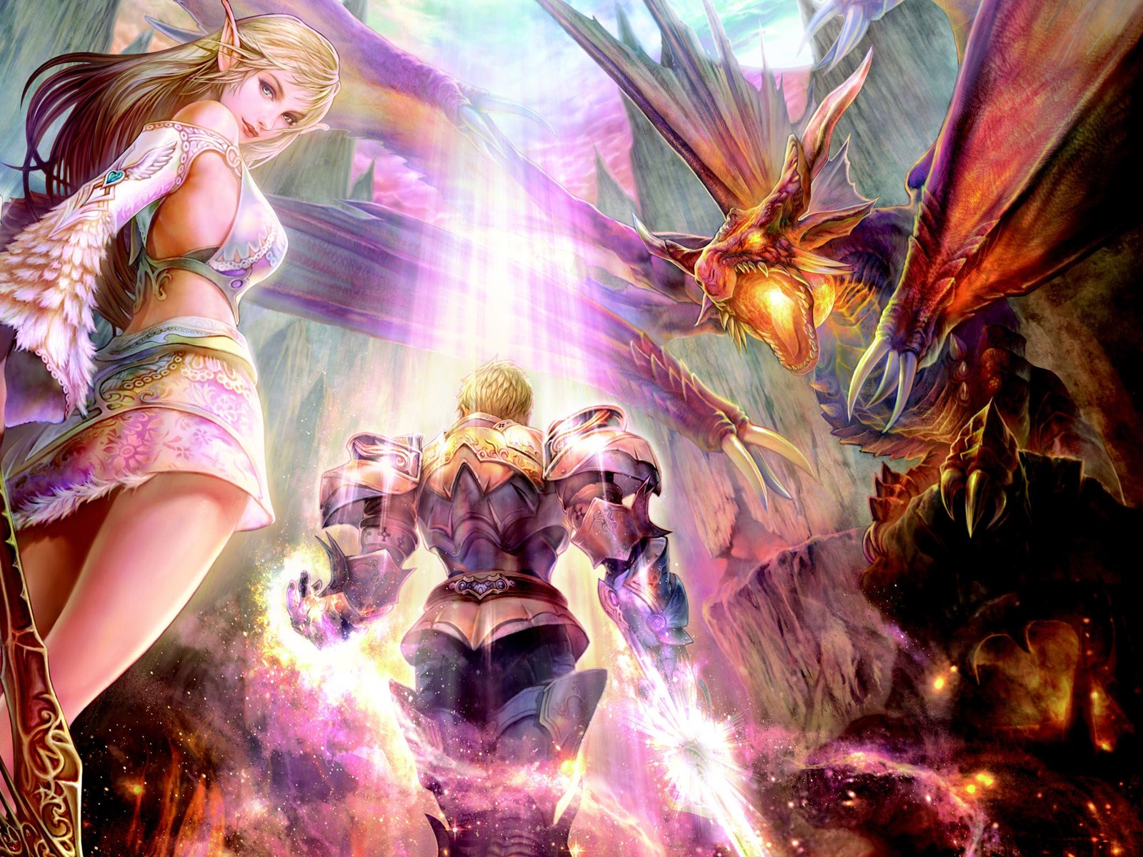 Elf and knight fighting a dragon in Lineage HD Wallpaper