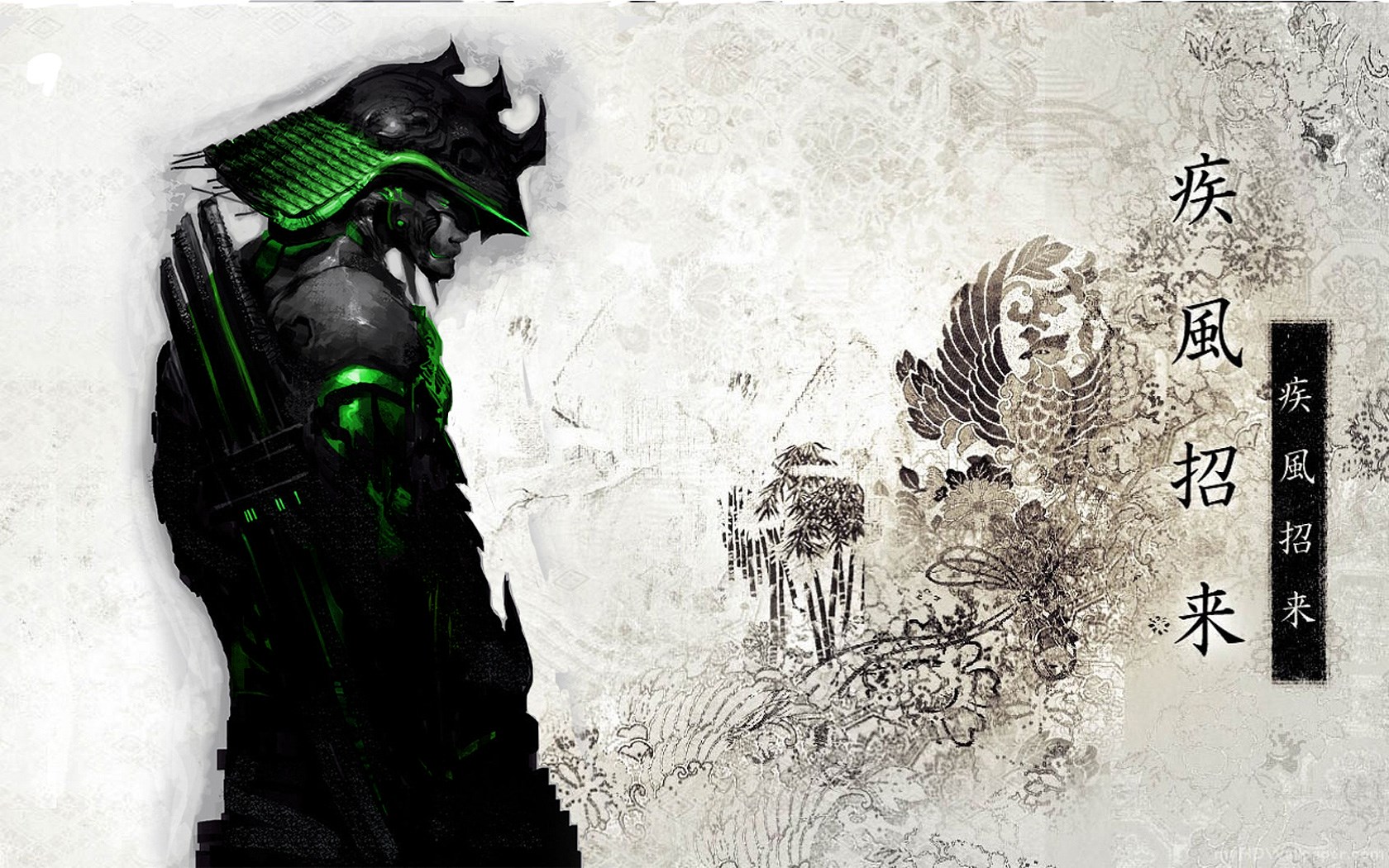 Samurai warrior with green accents and Japanese art HD Wallpaper