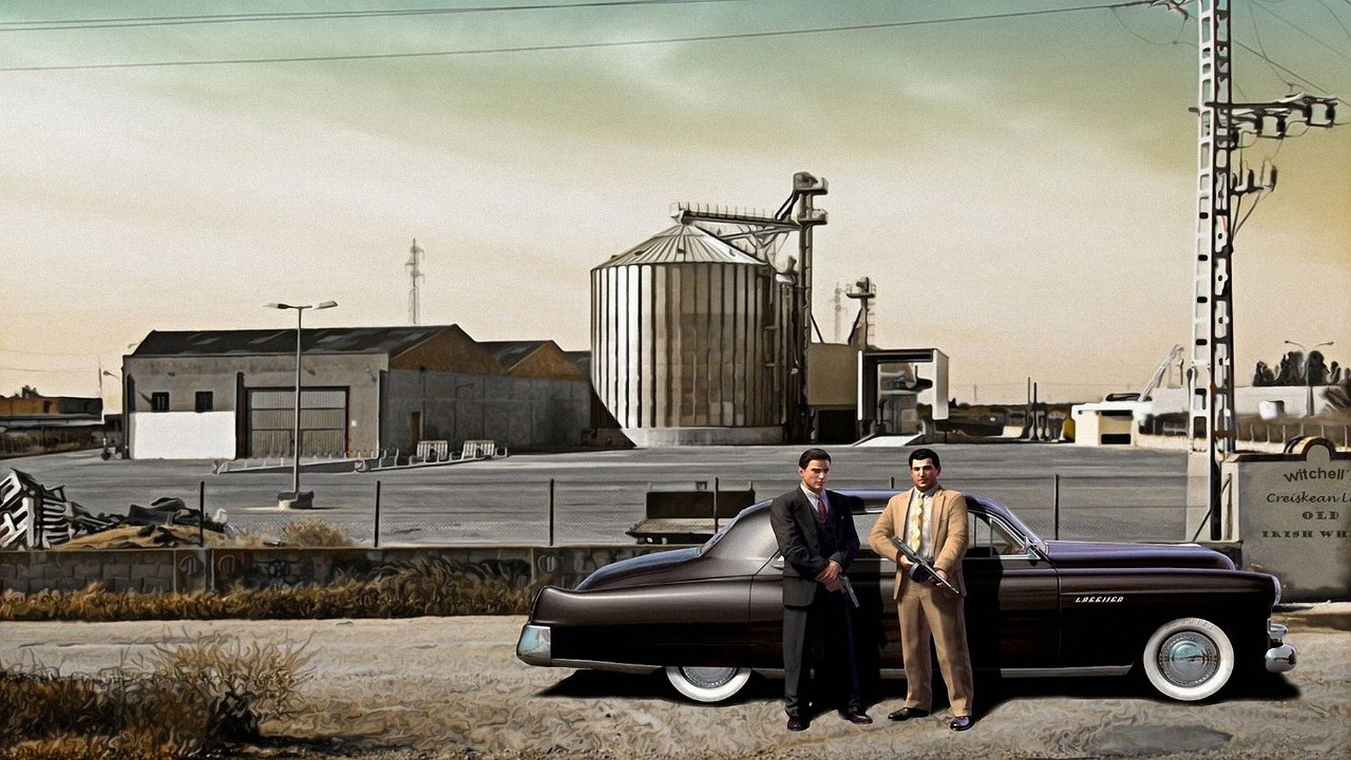 Mafia: The City of Lost Heaven - Two men with guns and car HD Wallpaper