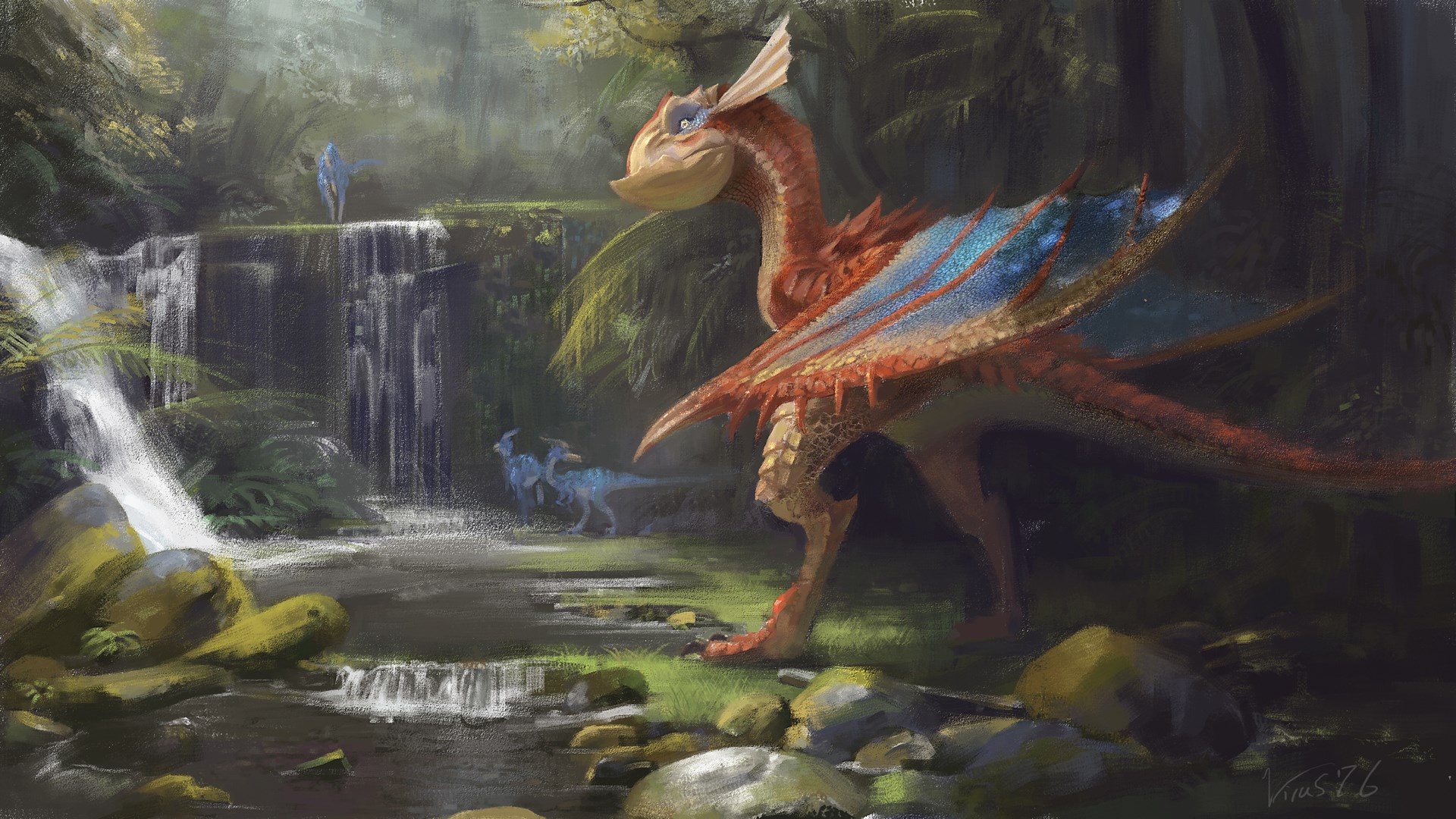Monster Hunter creature in a jungle with waterfalls HD Wallpaper