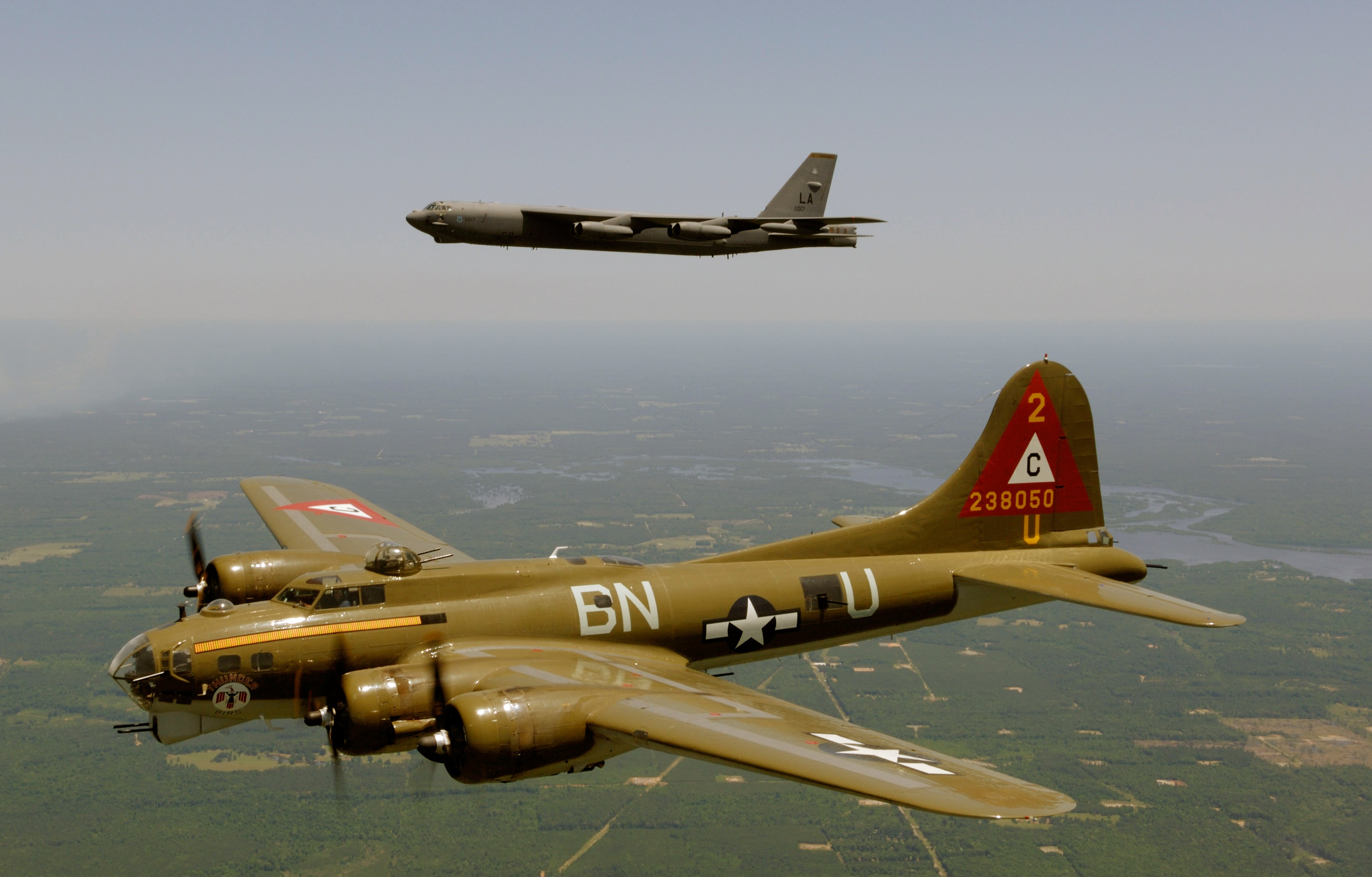 Boeing B-17 Flying Fortress and B-52 Bomber in flight HD Wallpaper