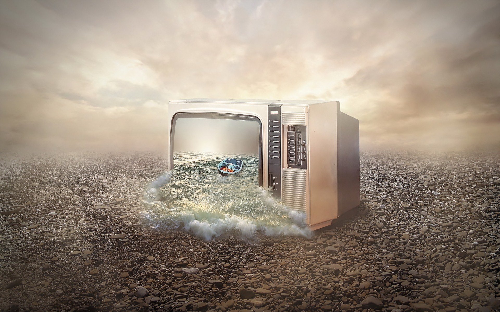 Old television displaying a stormy sea with a small boat HD Wallpaper