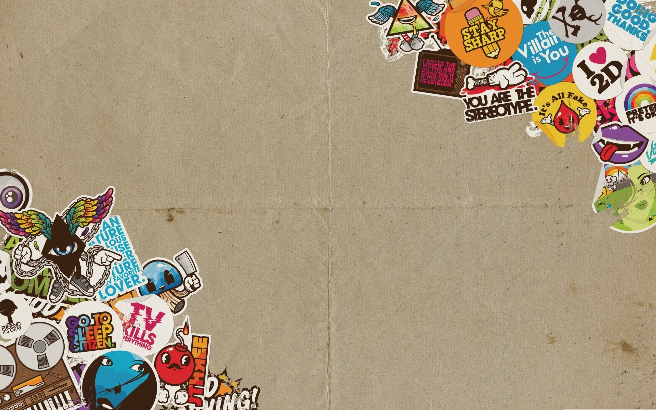 Sticker bomb collage on a textured background HD Wallpaper