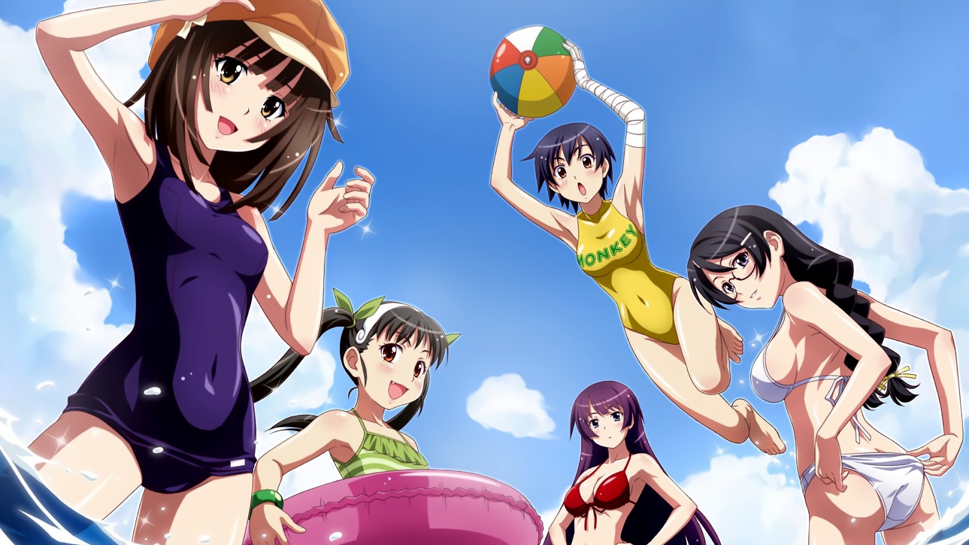 Monogatari Series girls at the beach HD Wallpaper