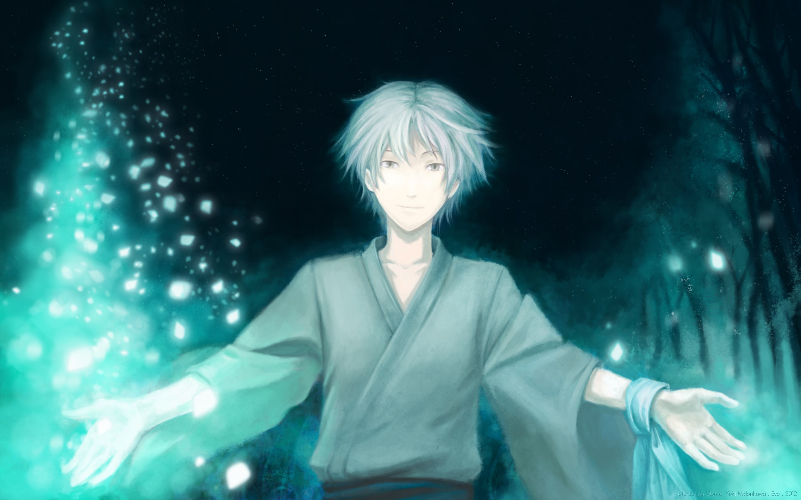Anime boy with glowing particles in forest HD Wallpaper