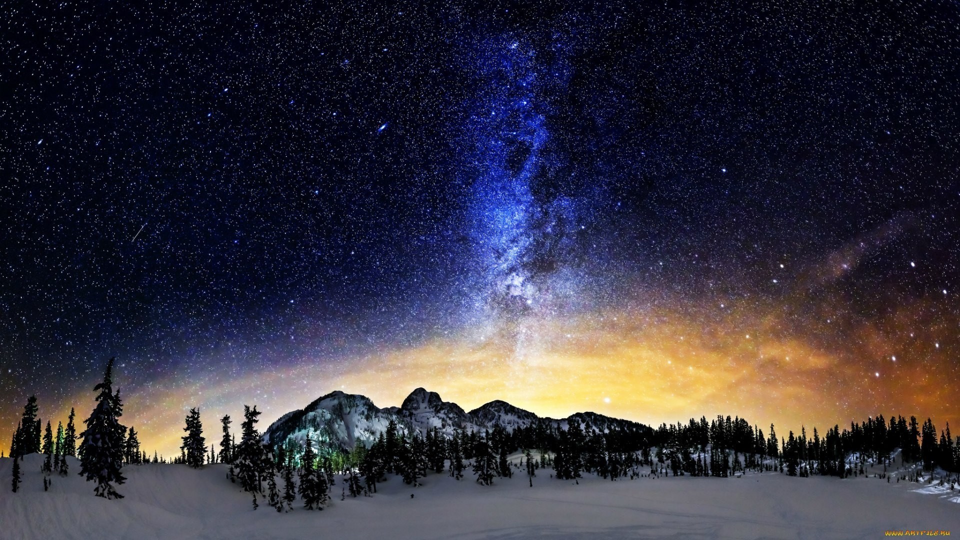 Milky Way over snow-covered mountains and forest HD Wallpaper