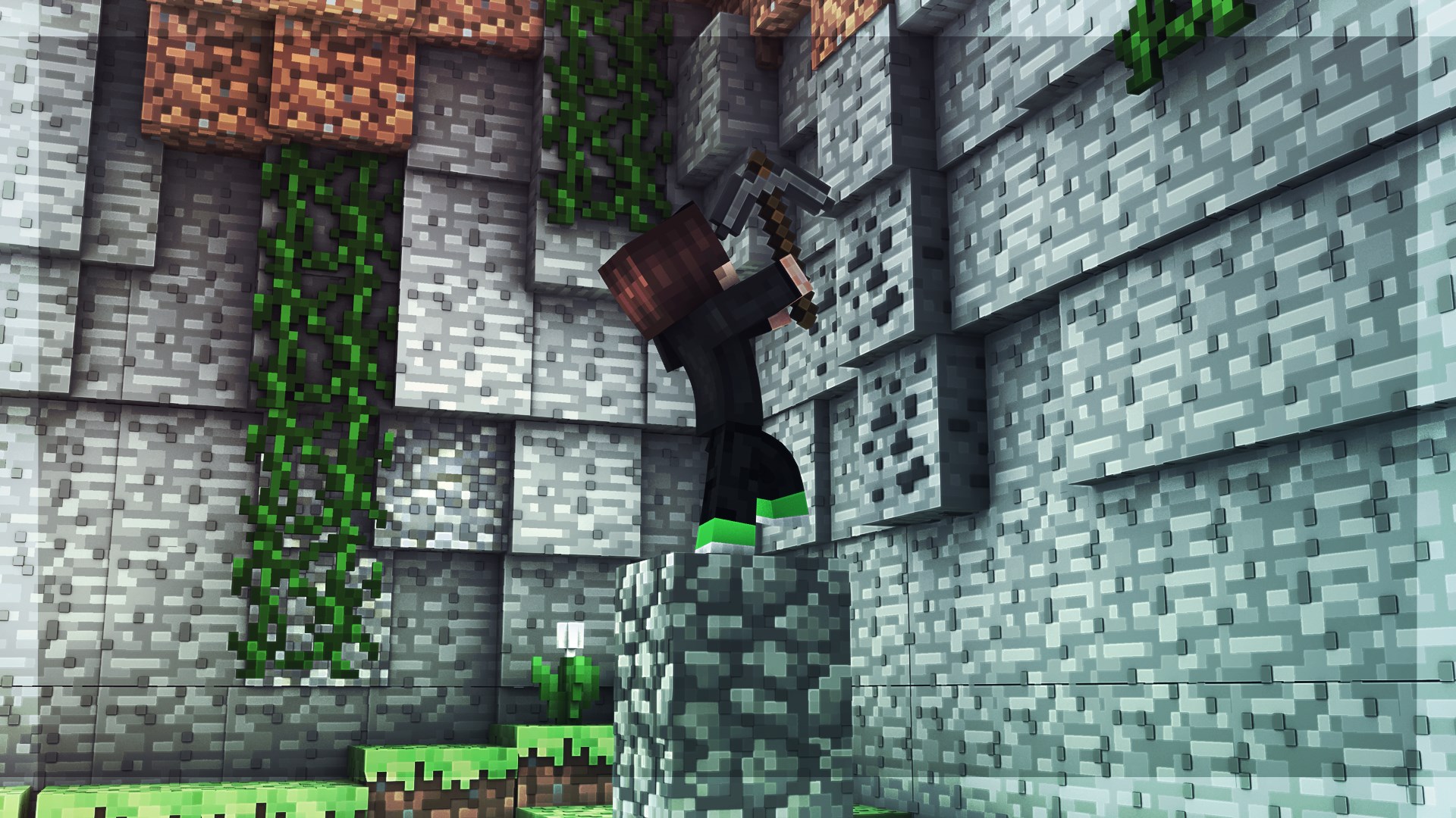 Minecraft character mining stone wall HD Wallpaper