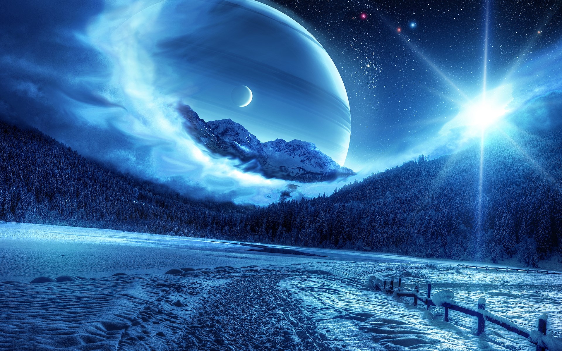 Alien planet with rings and moon over snowy mountains HD Wallpaper