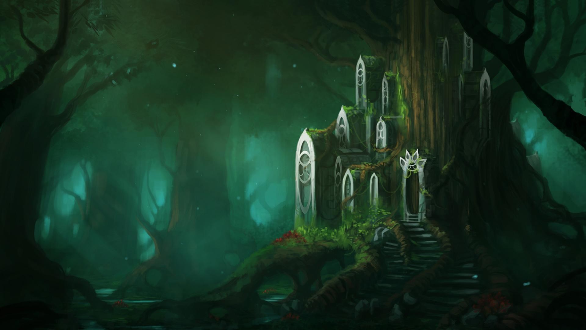Fantasy elven architecture in a dark forest HD Wallpaper