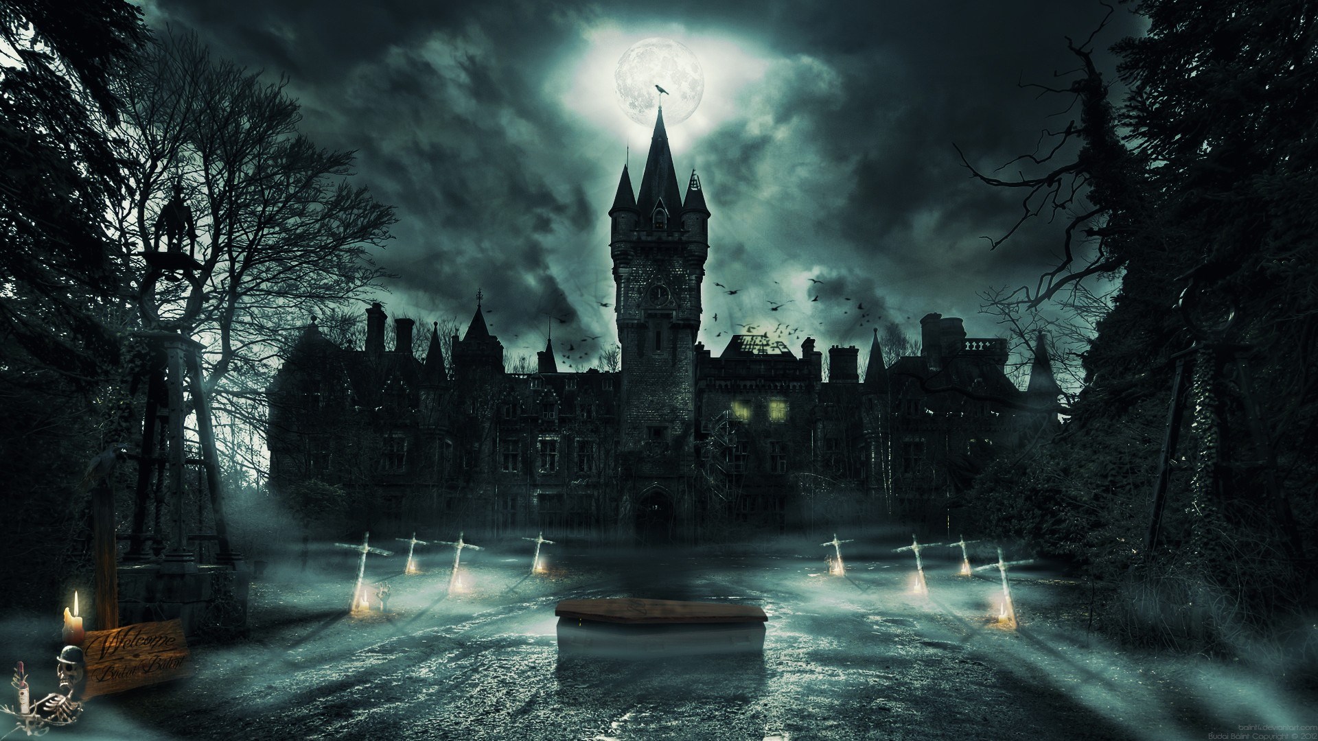 Haunted Castle with Graveyard and Coffin HD Wallpaper