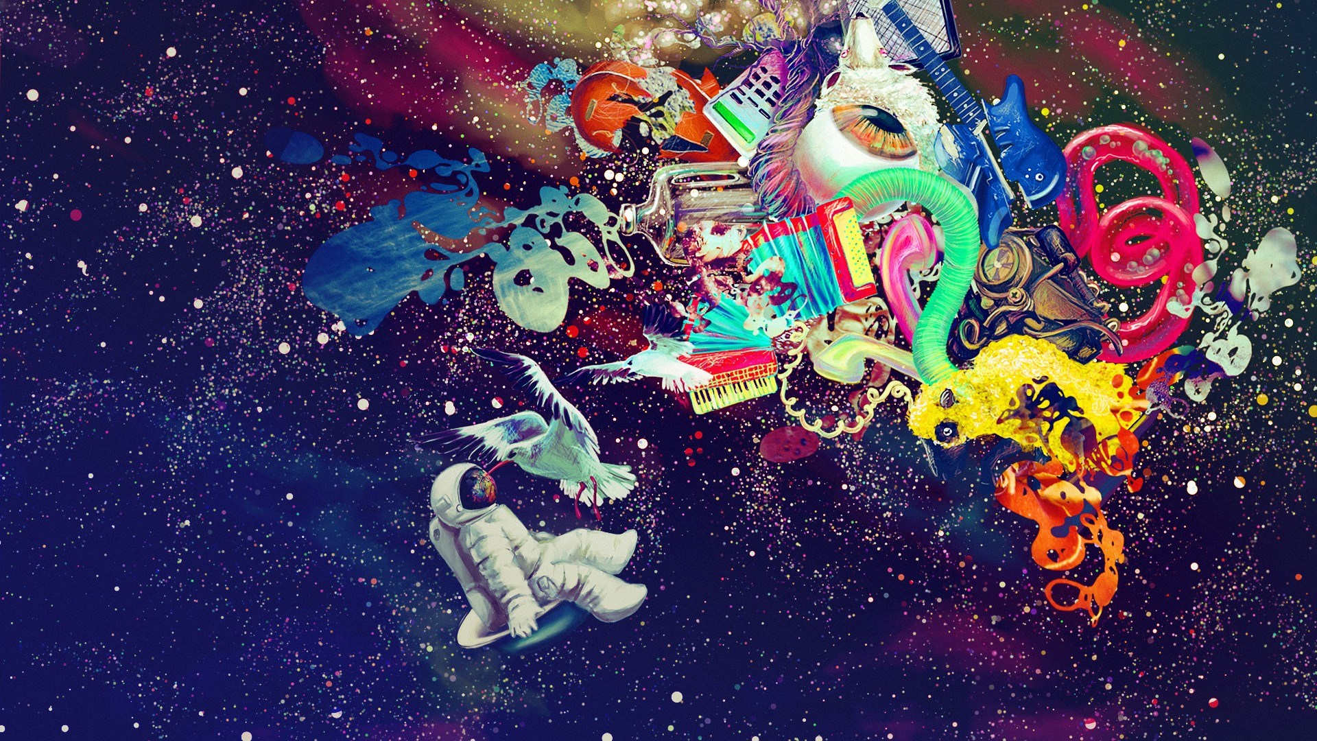 Psychedelic Space Collage with Astronaut and Birds HD Wallpaper