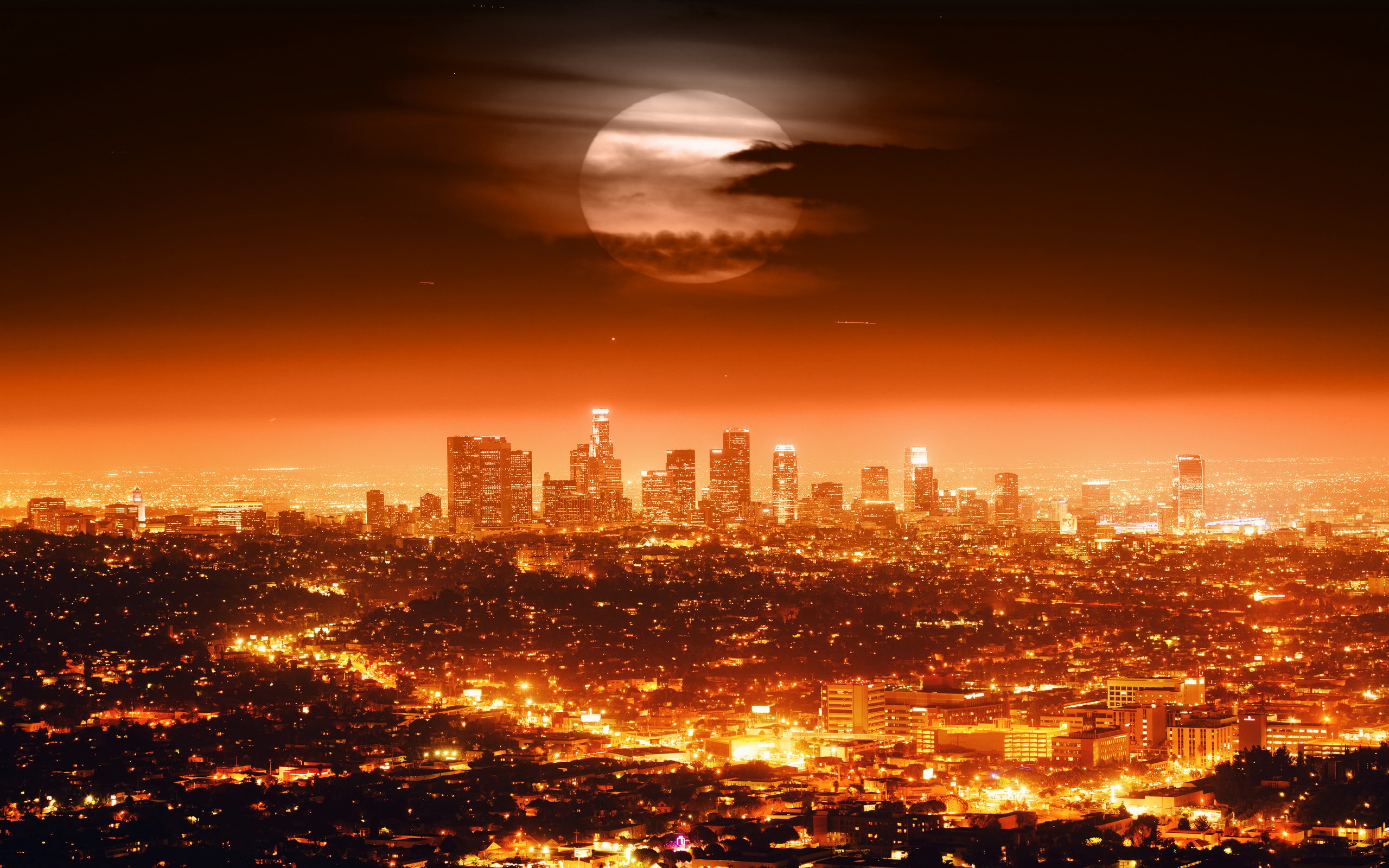 Los Angeles skyline at night with moon HD Wallpaper