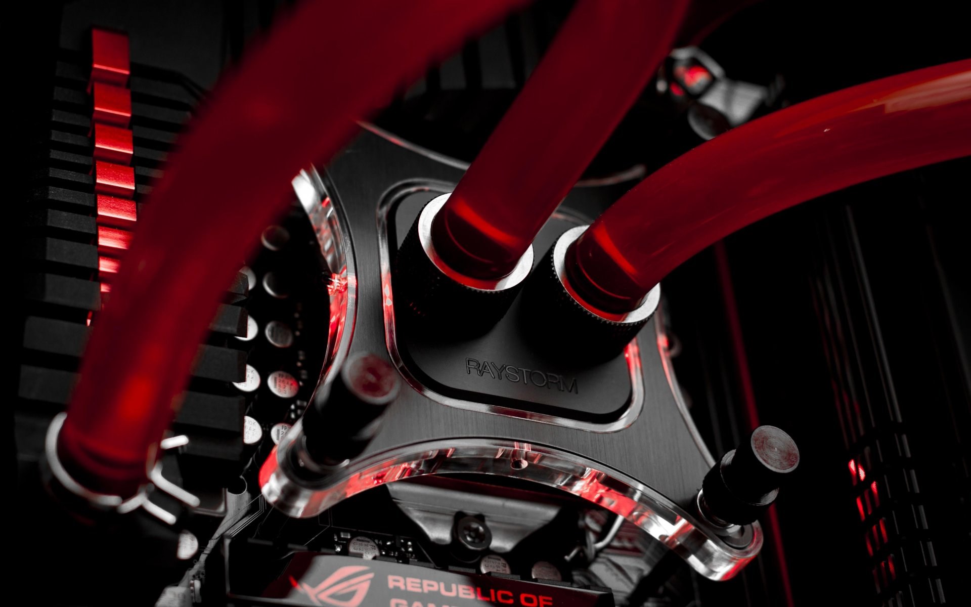Custom PC water cooling system with red tubes HD Wallpaper