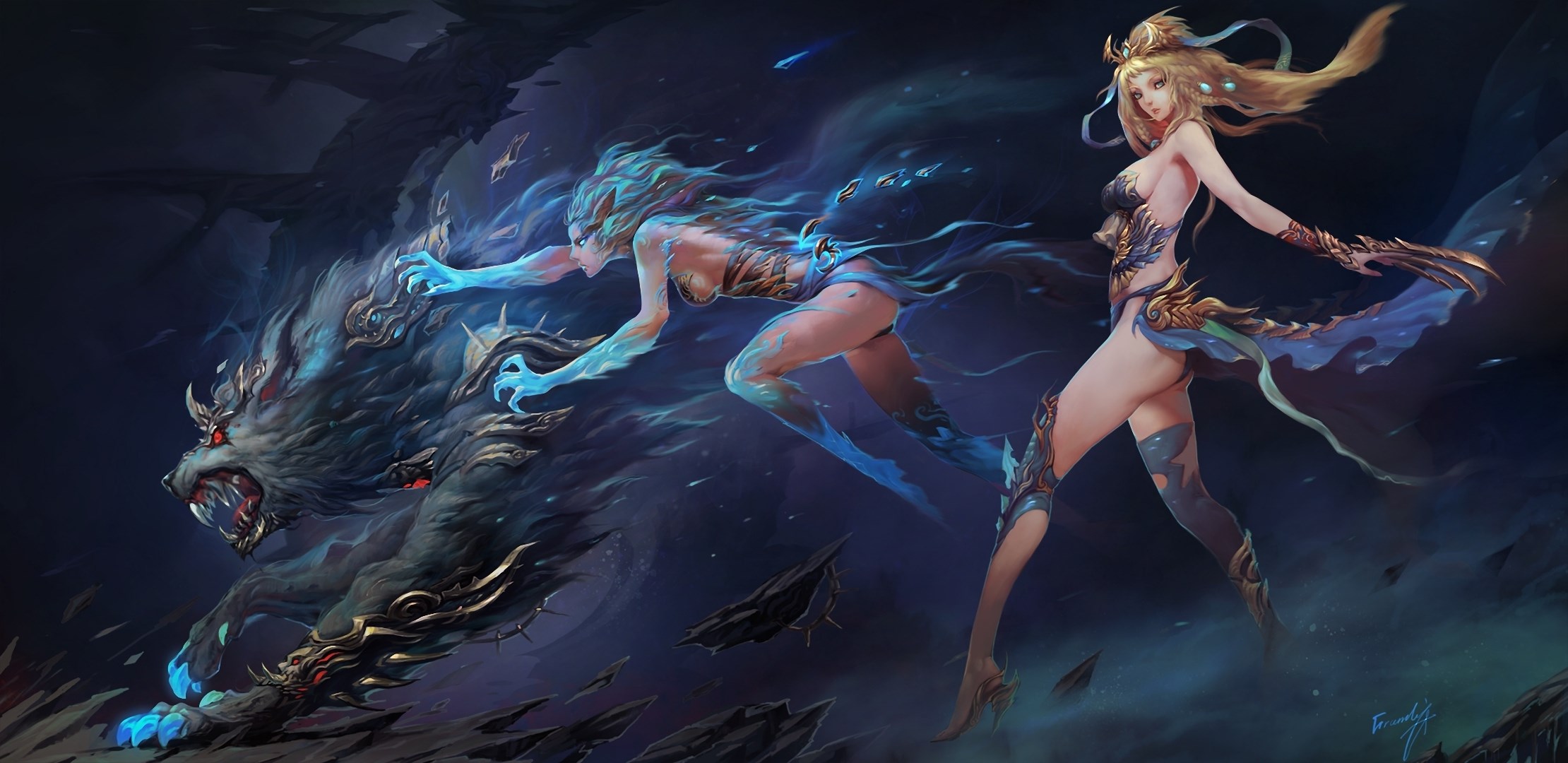 Fantasy art of a wolf and two women HD Wallpaper