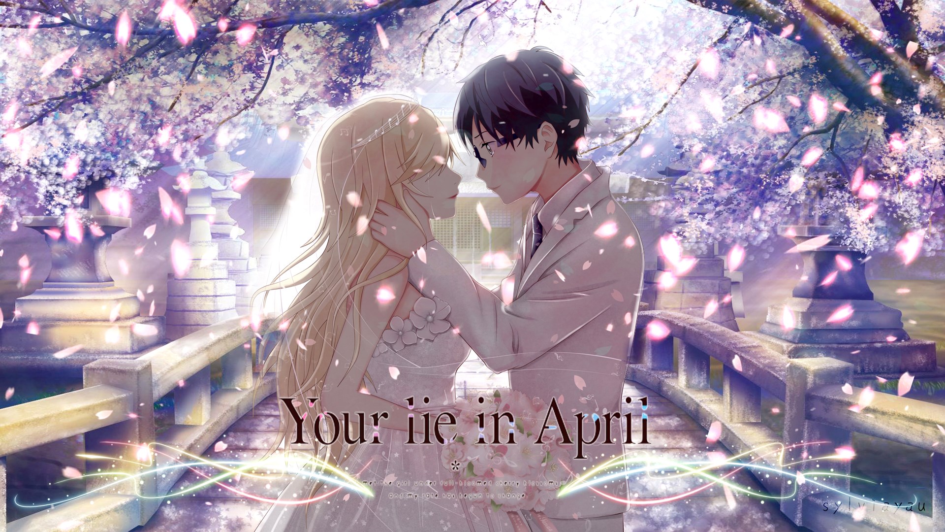 Your Lie in April anime couple under cherry blossoms HD Wallpaper