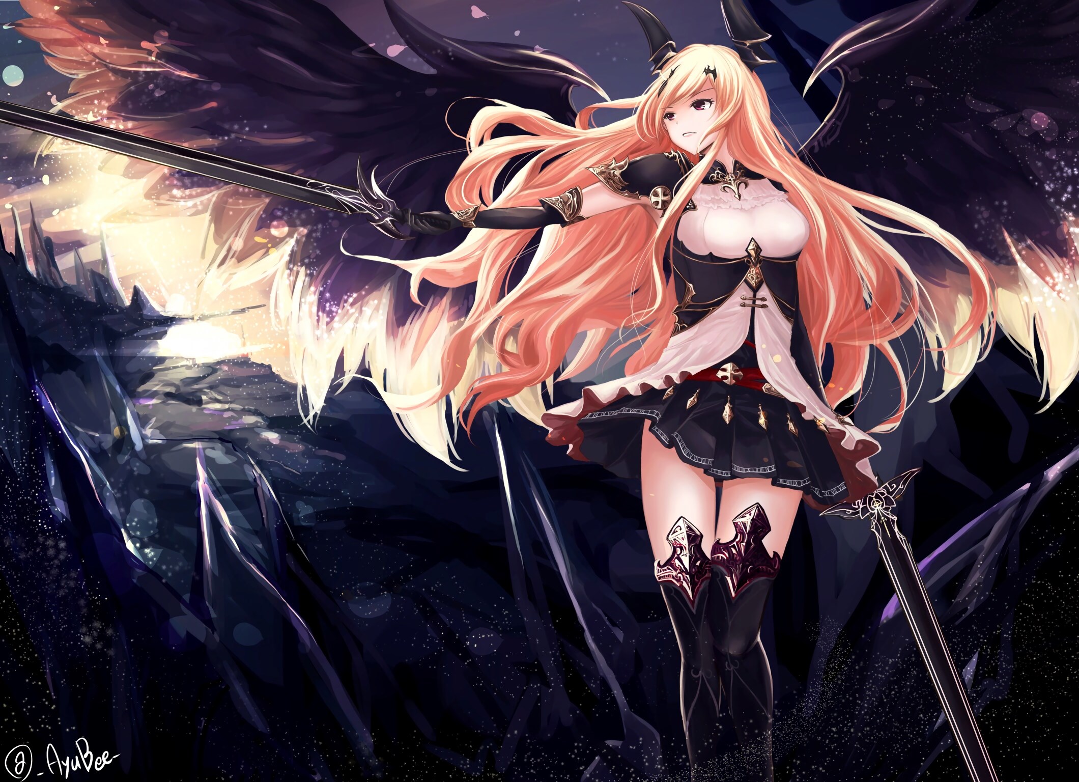 Woman with black wings and sword HD Wallpaper