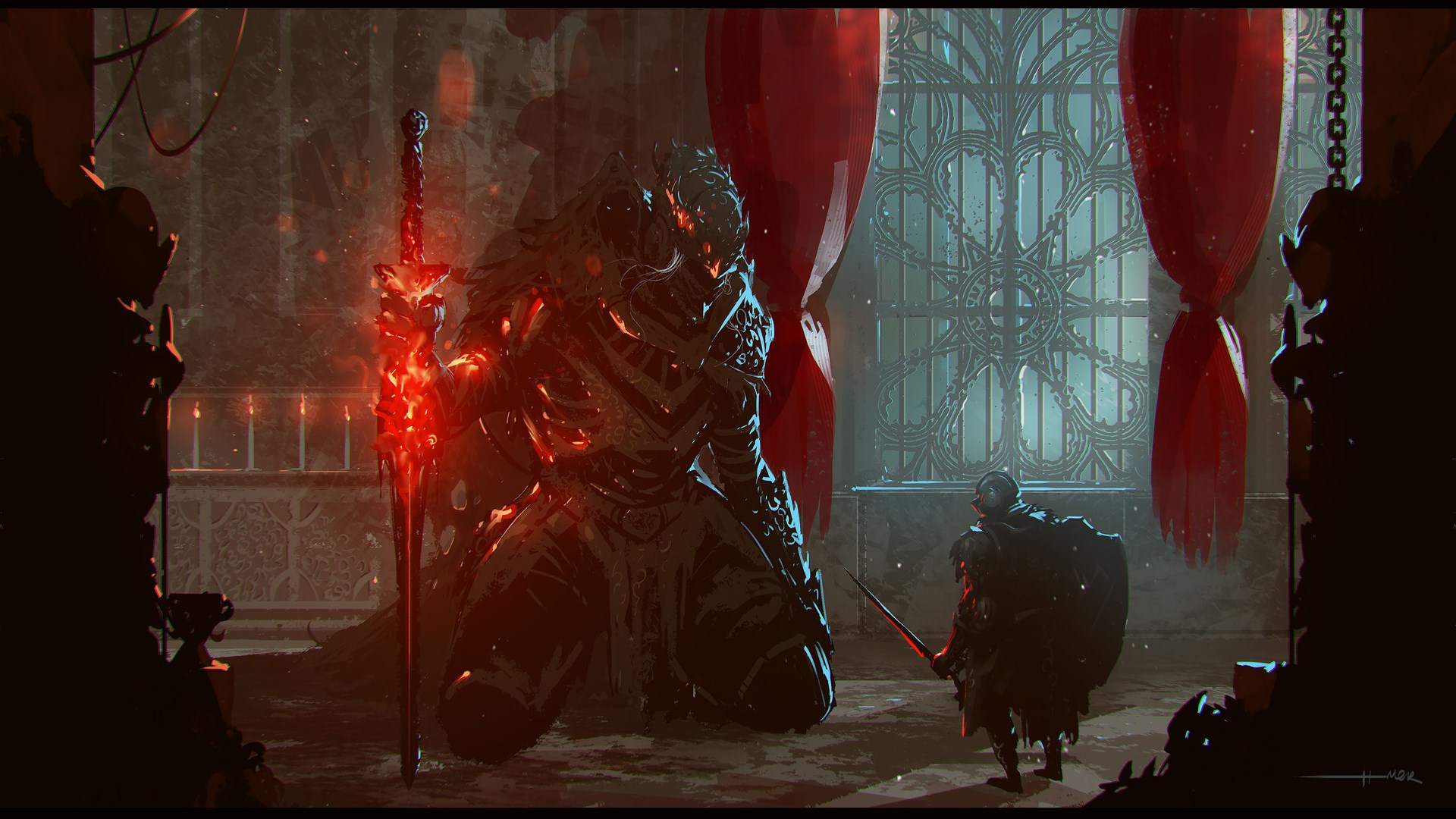 Dark Souls III knight facing a giant fiery warrior HD Wallpaper