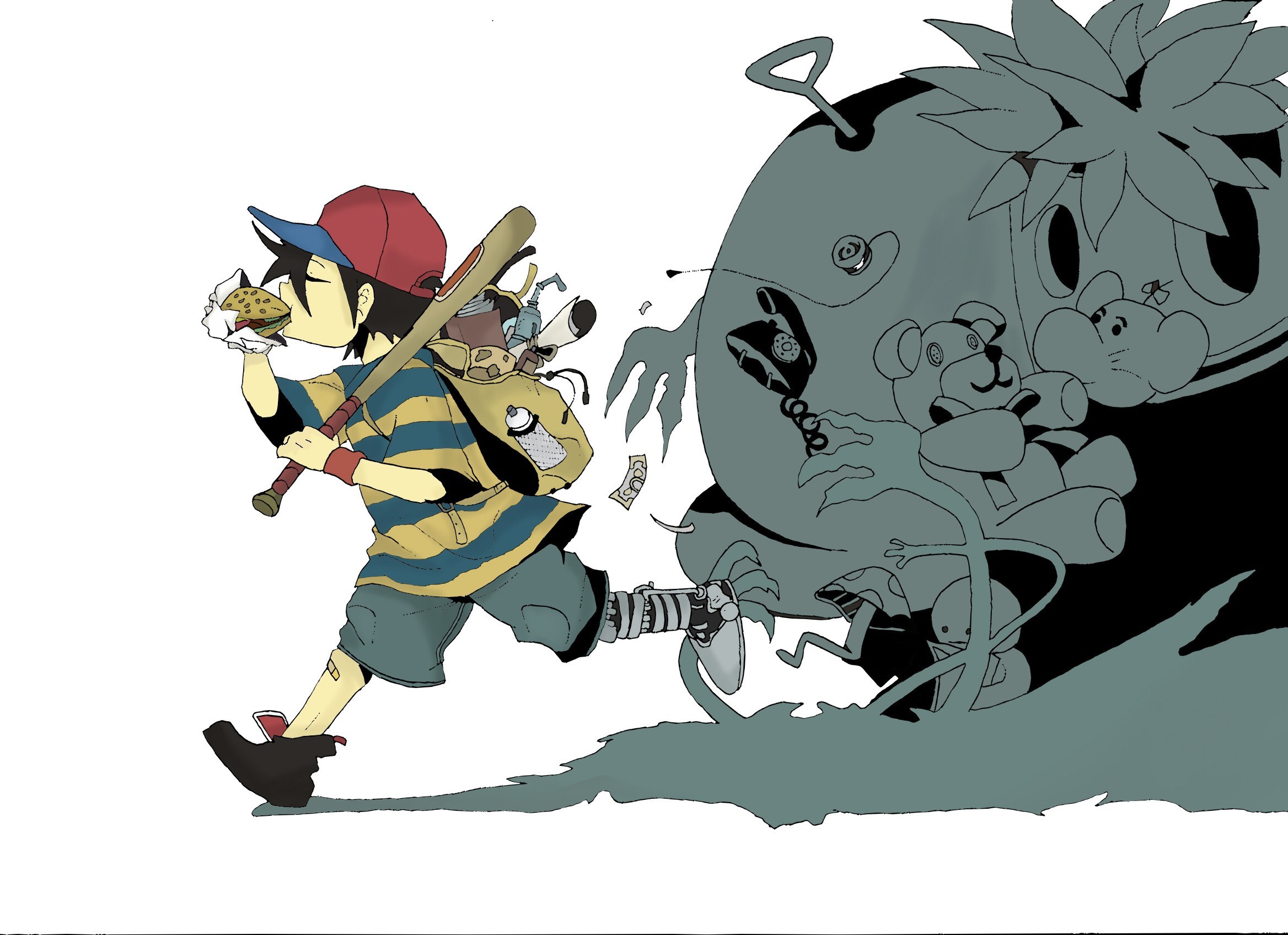 Ness from EarthBound eating a burger with a monster HD Wallpaper