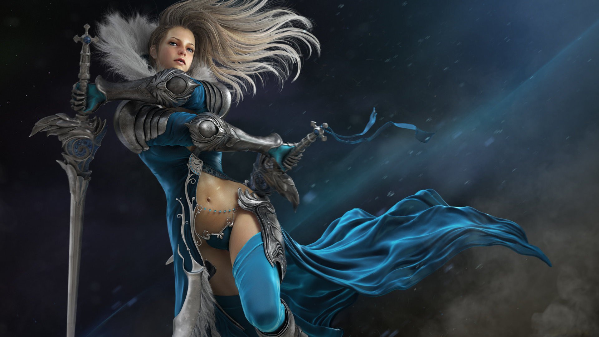 Woman warrior with sword and blue cloak HD Wallpaper