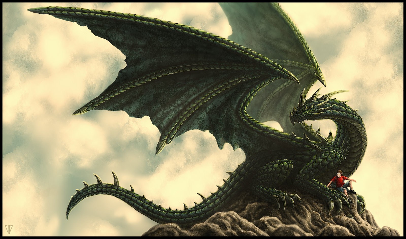 Green dragon with a boy on a rock HD Wallpaper