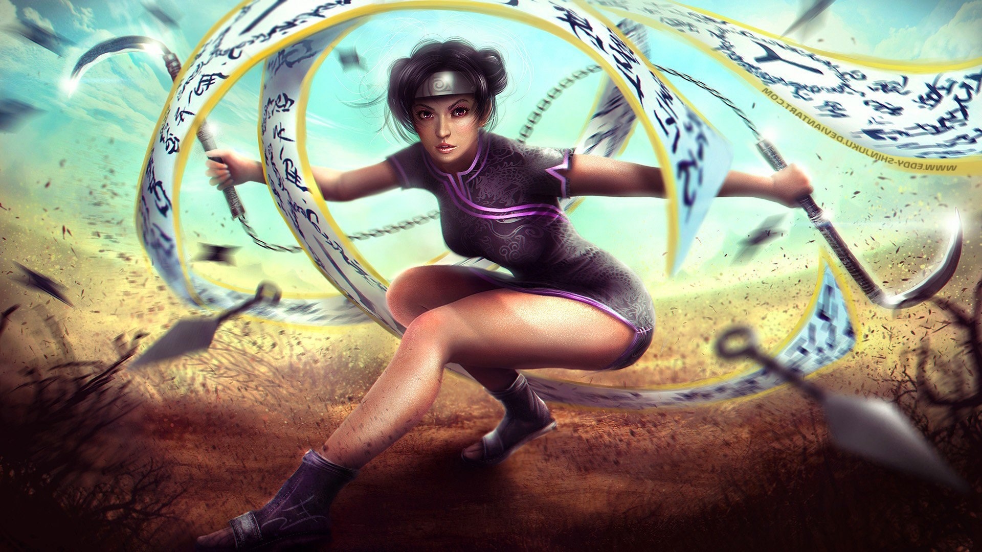 Tenten from Naruto with weapons and scrolls HD Wallpaper