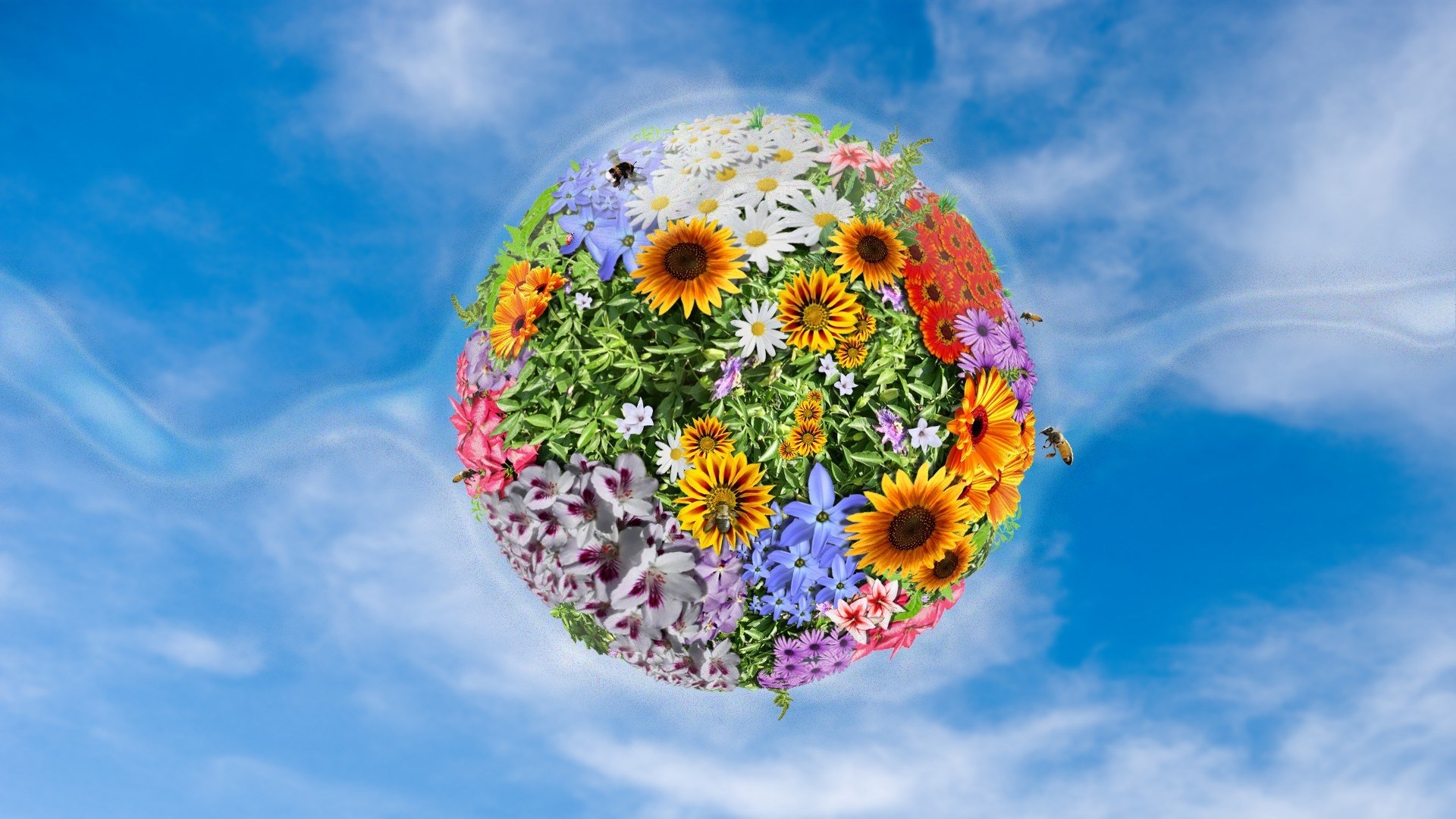 Planet of flowers and bees in blue sky HD Wallpaper
