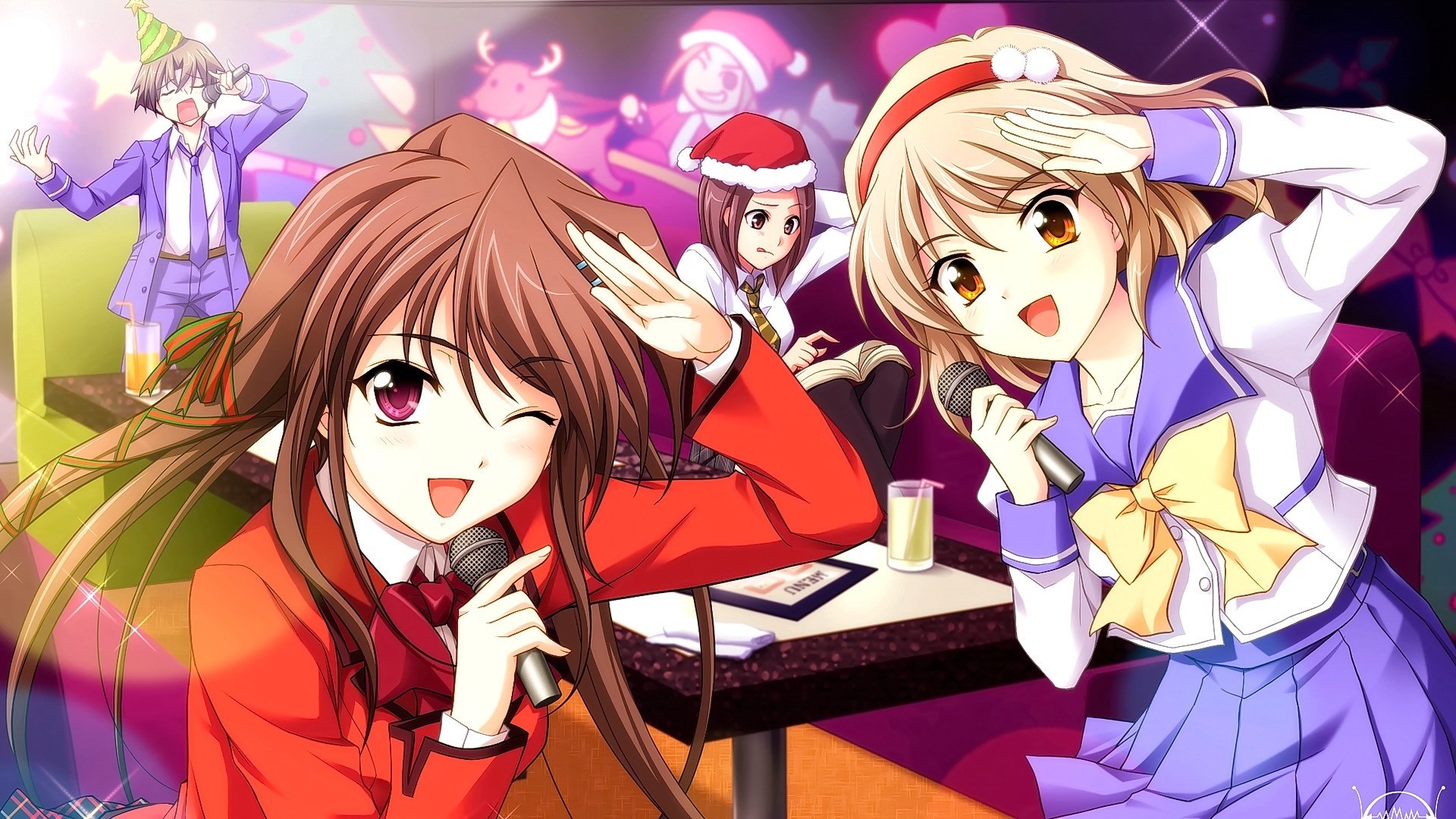 Anime characters singing karaoke at a Christmas party HD Wallpaper