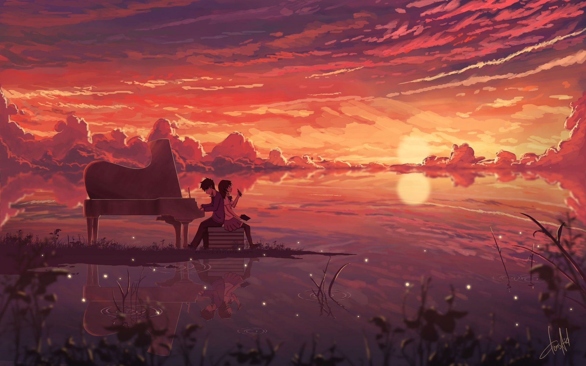 Anime couple playing piano by the lake at sunset HD Wallpaper