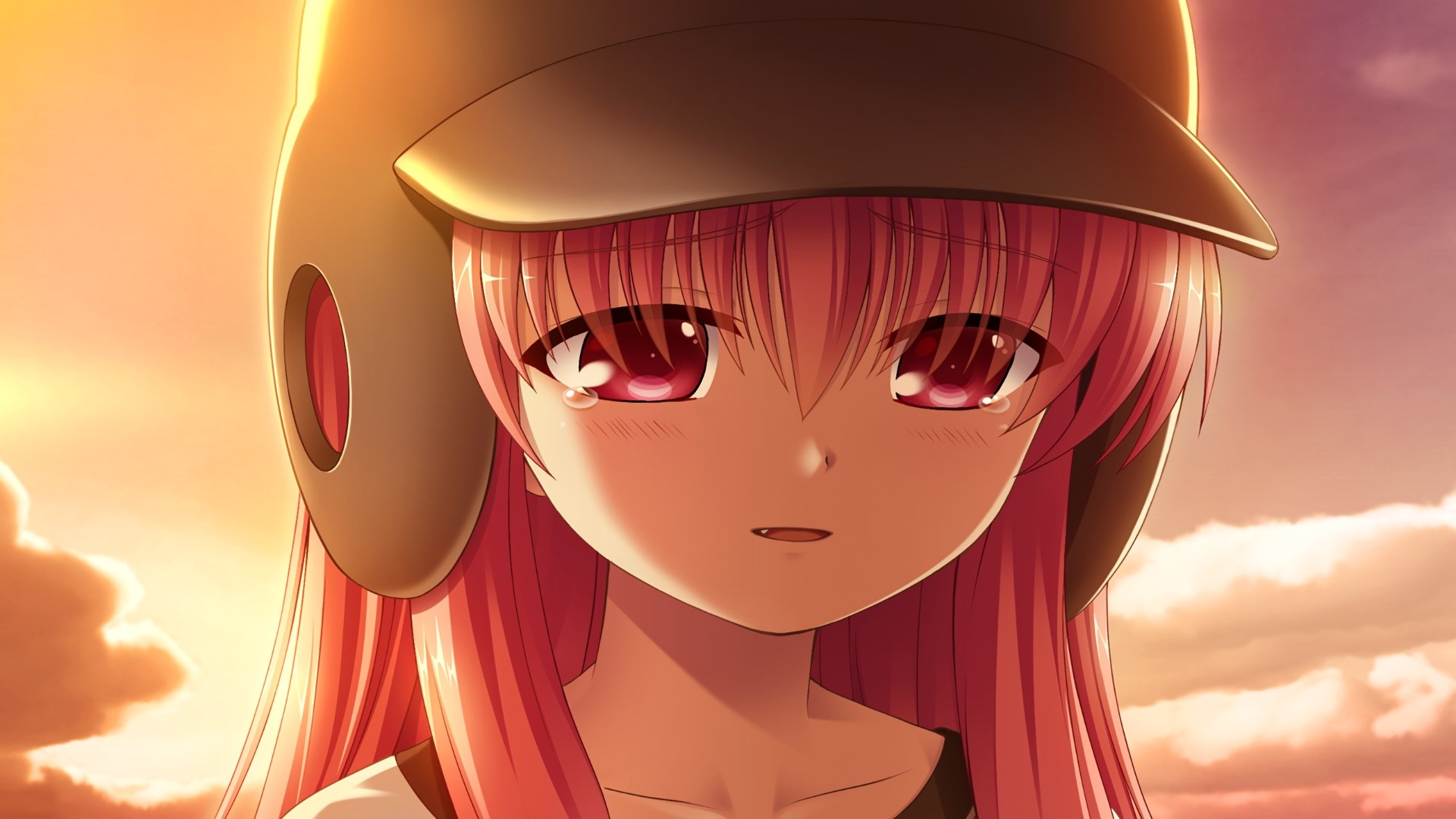Anime girl in baseball helmet crying at sunset HD Wallpaper