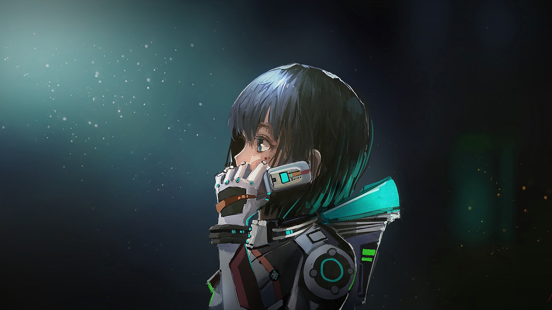 Anime girl in futuristic suit with glowing particles HD Wallpaper