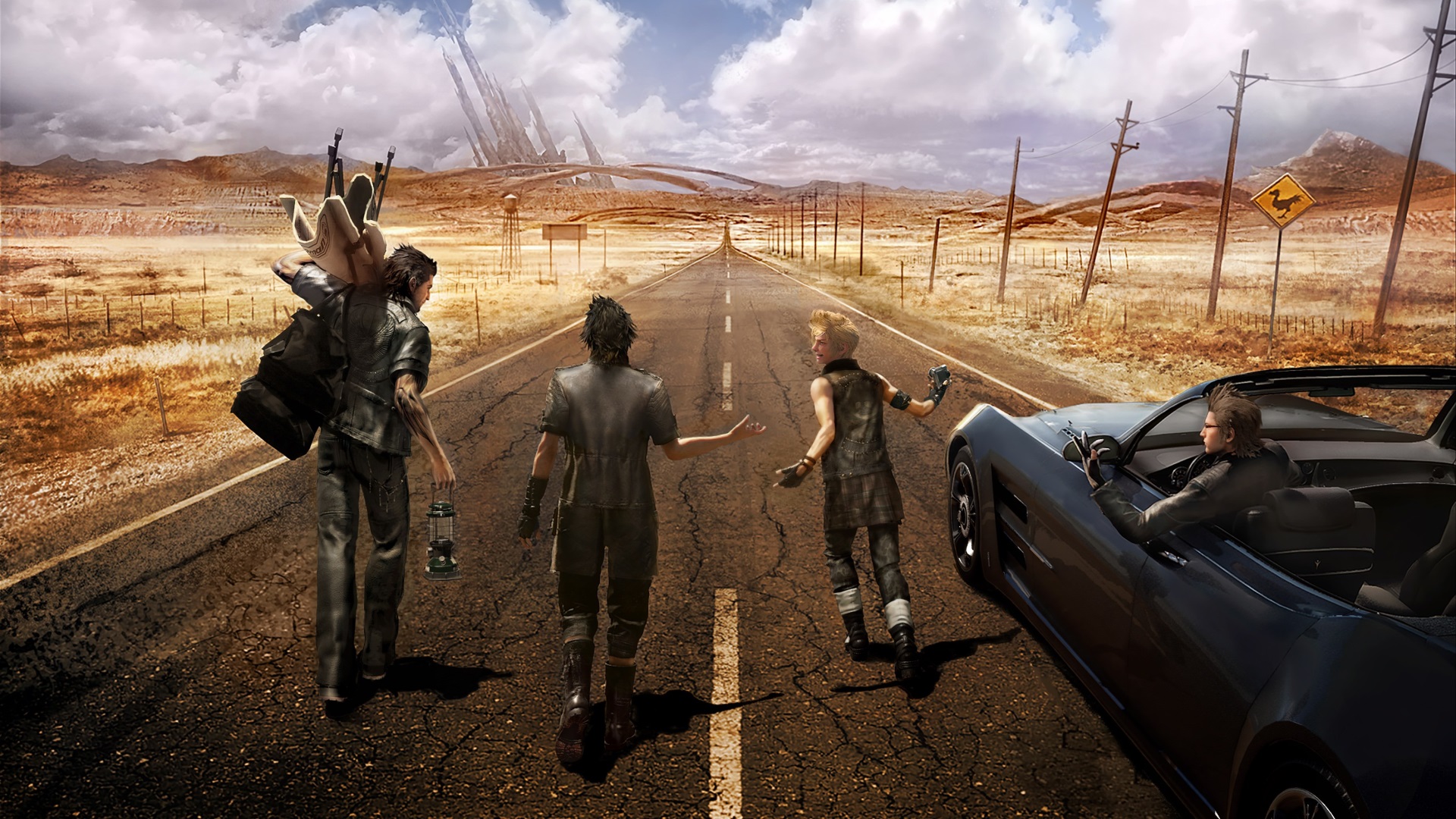 Final Fantasy XV characters on a desert road HD Wallpaper