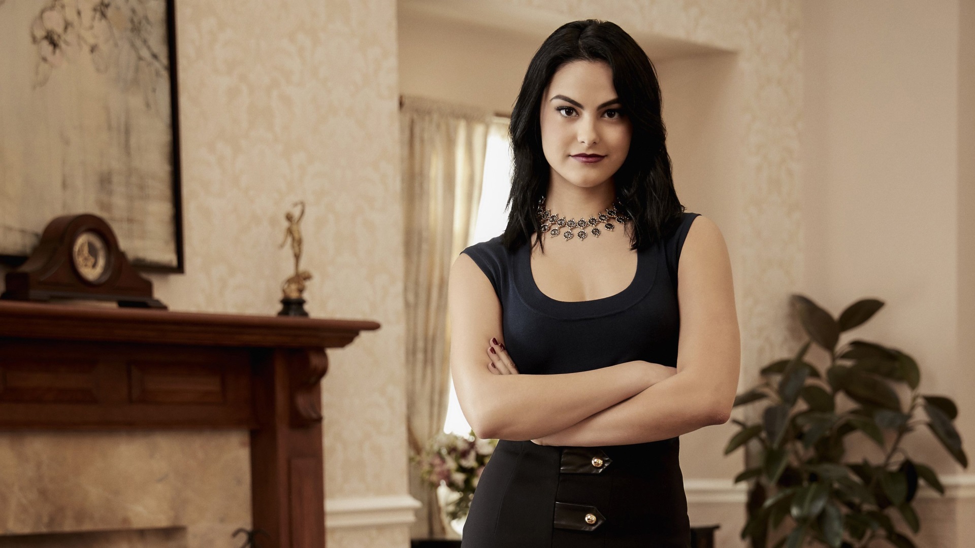 Camila Mendes in a dark blue top and black skirt HD Wallpaper
