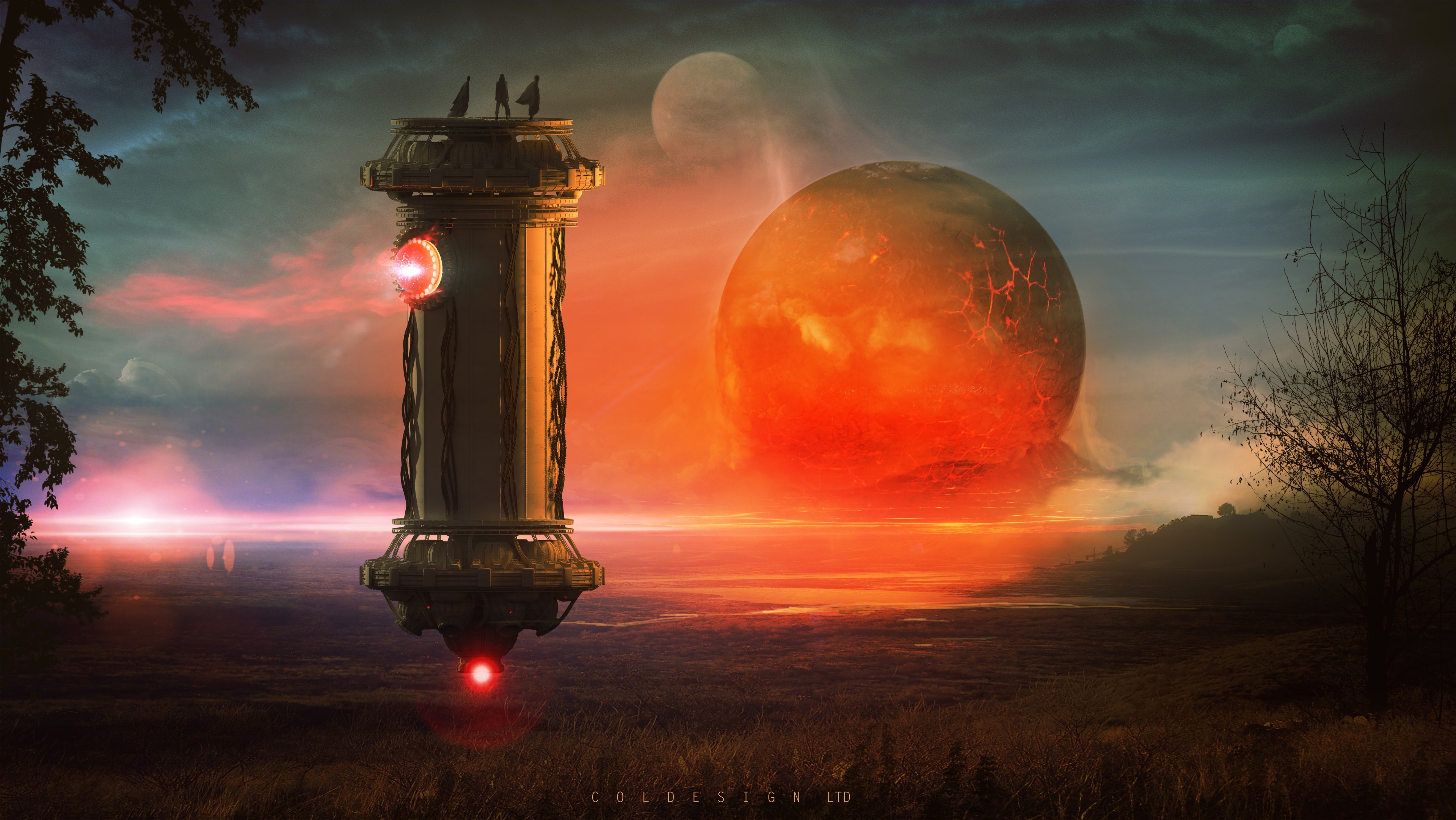 Sci-fi tower with figures and alien planet 4K HD Wallpaper