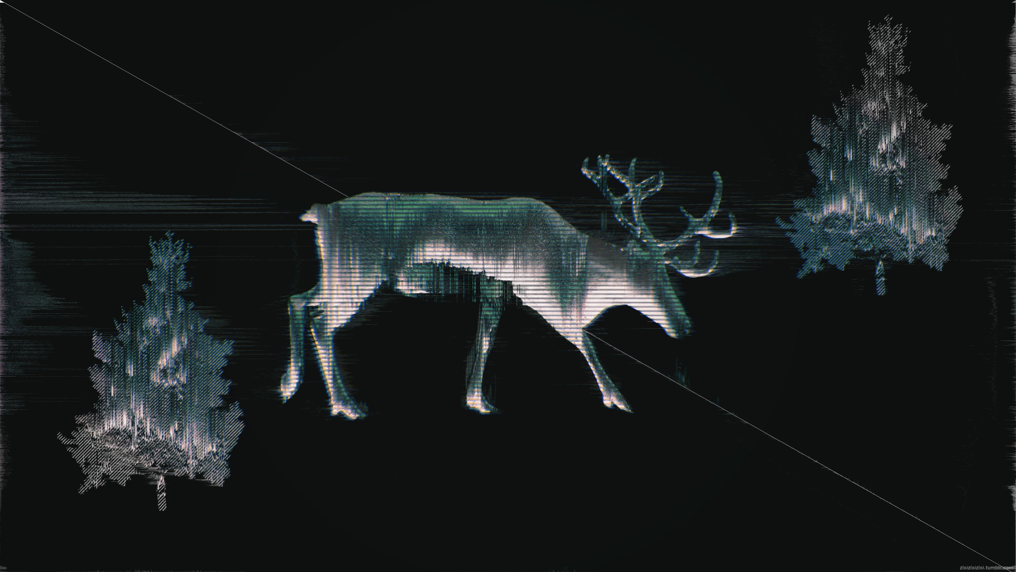 Glitch art deer and trees 4K HD Wallpaper