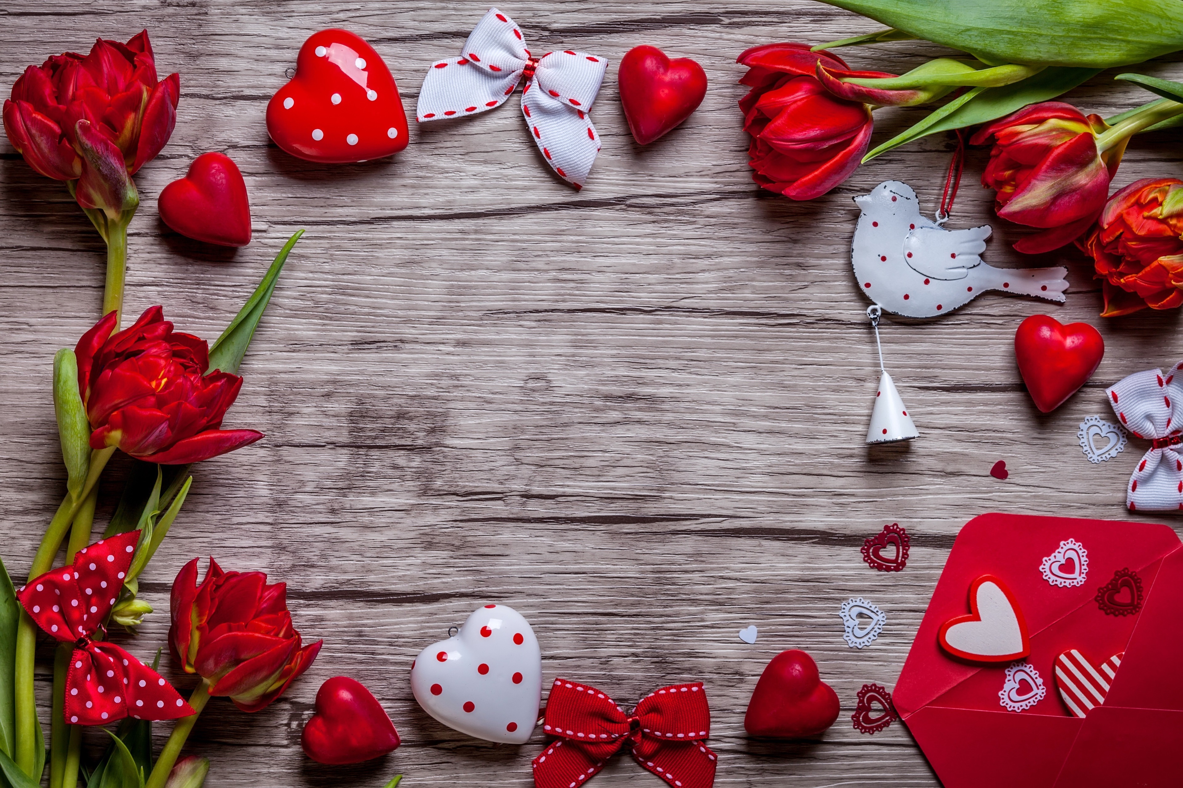 Valentines Day Red Hearts and Tulips 4K HD Wallpaper