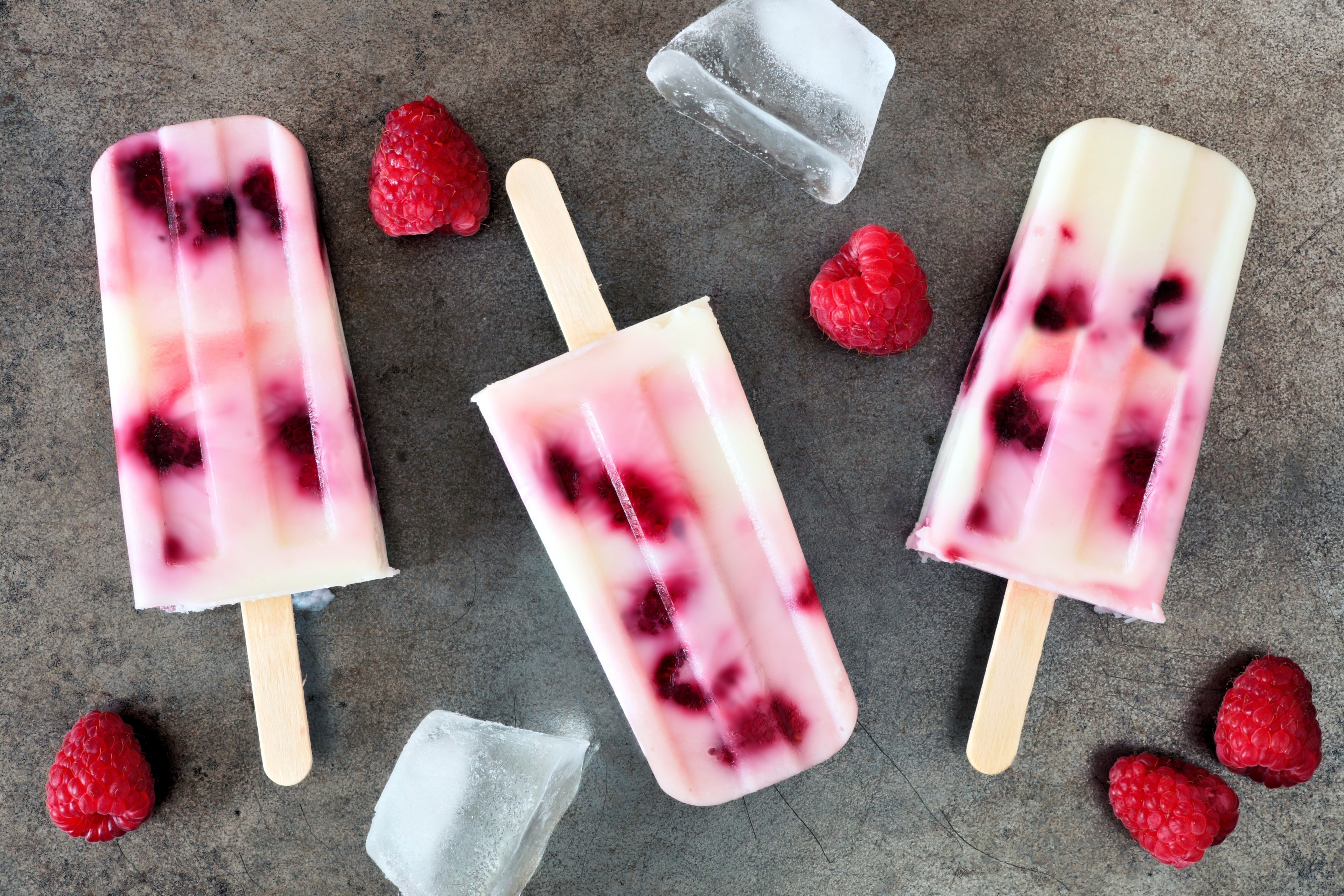 Raspberry Yogurt Popsicles with Ice and Berries HD Wallpaper