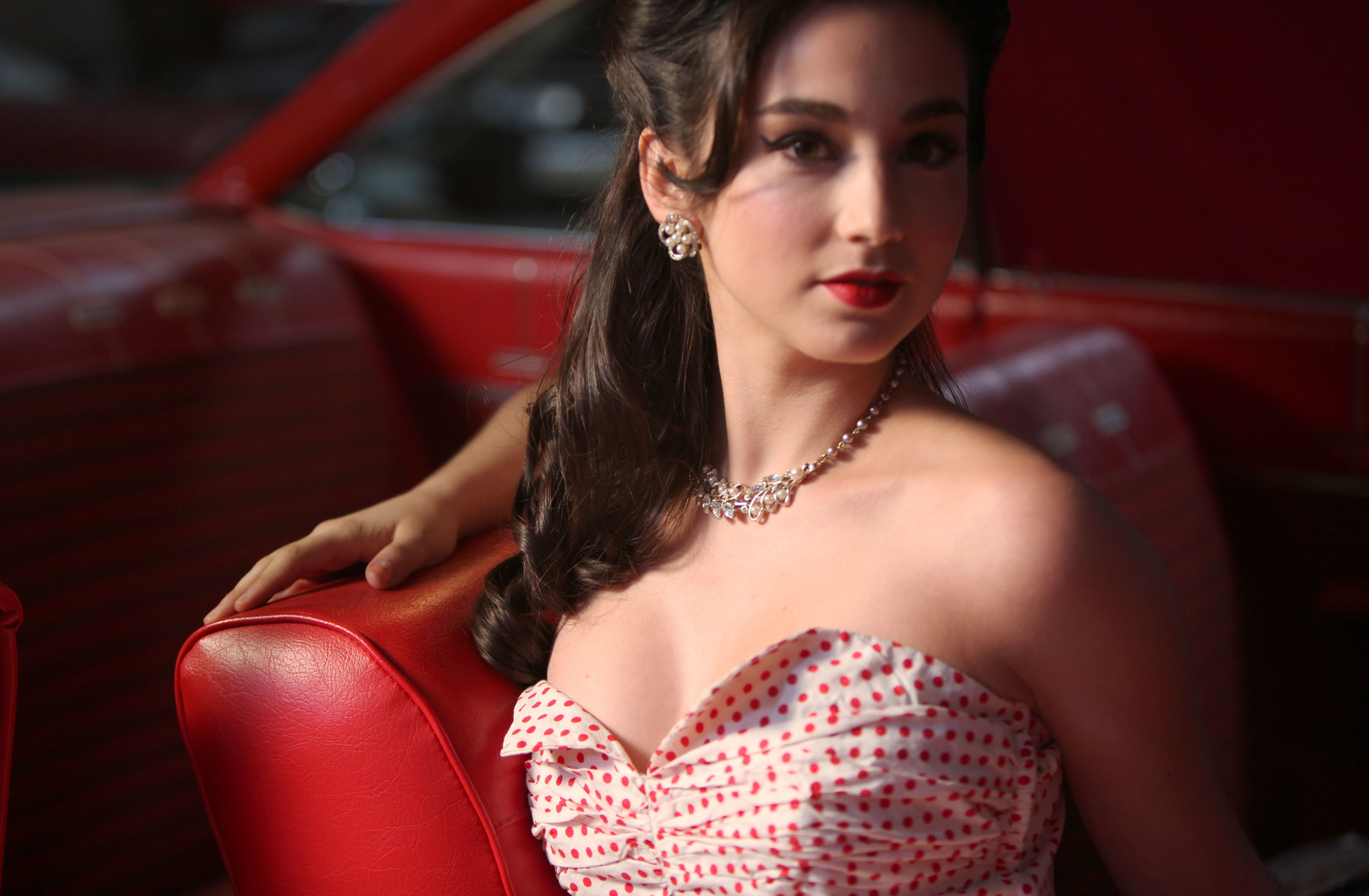 molly ephraim red dress Molly Ephraim In A Red Car 4K Hd Wallpaper