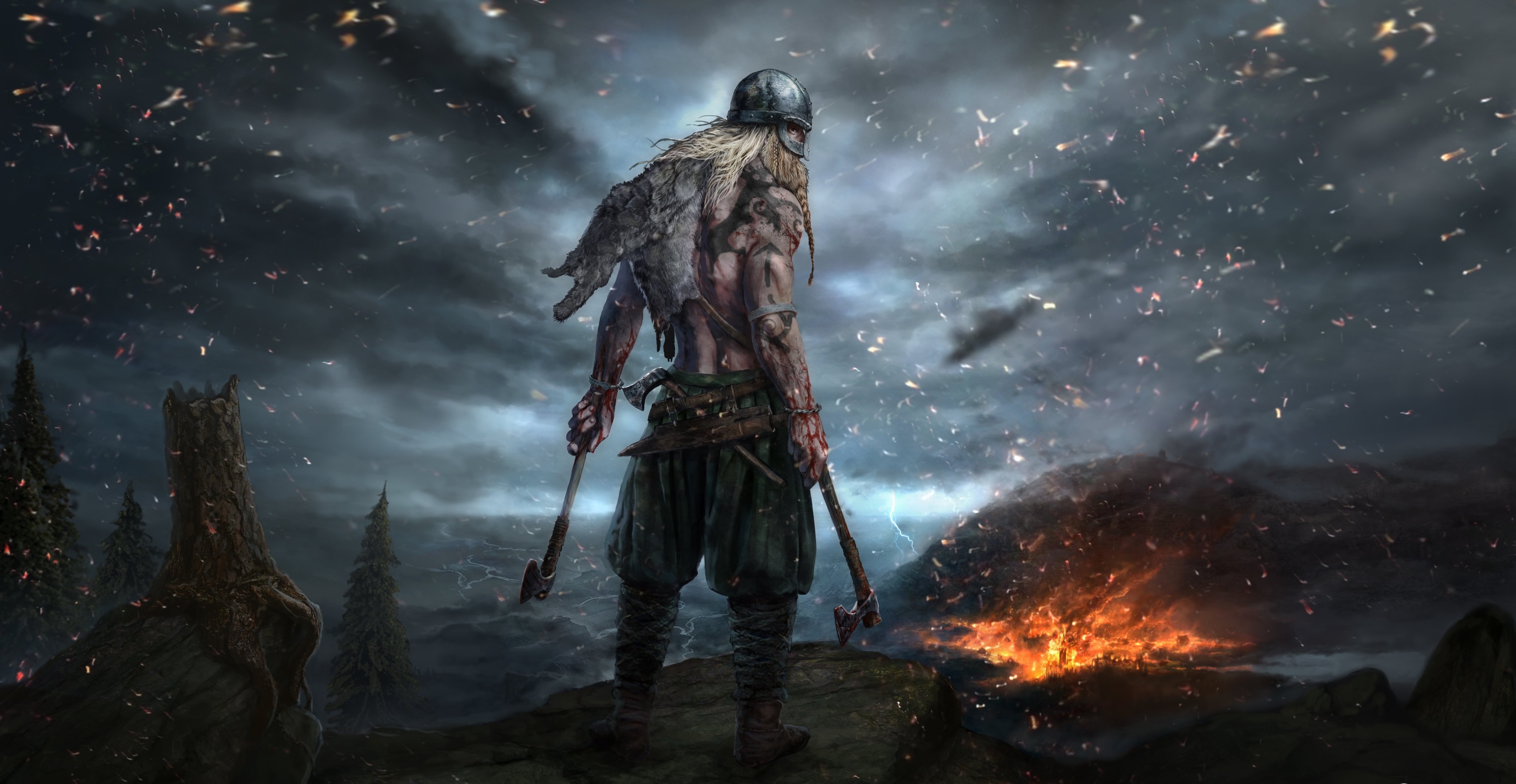 Viking warrior with axes in a fiery landscape HD Wallpaper