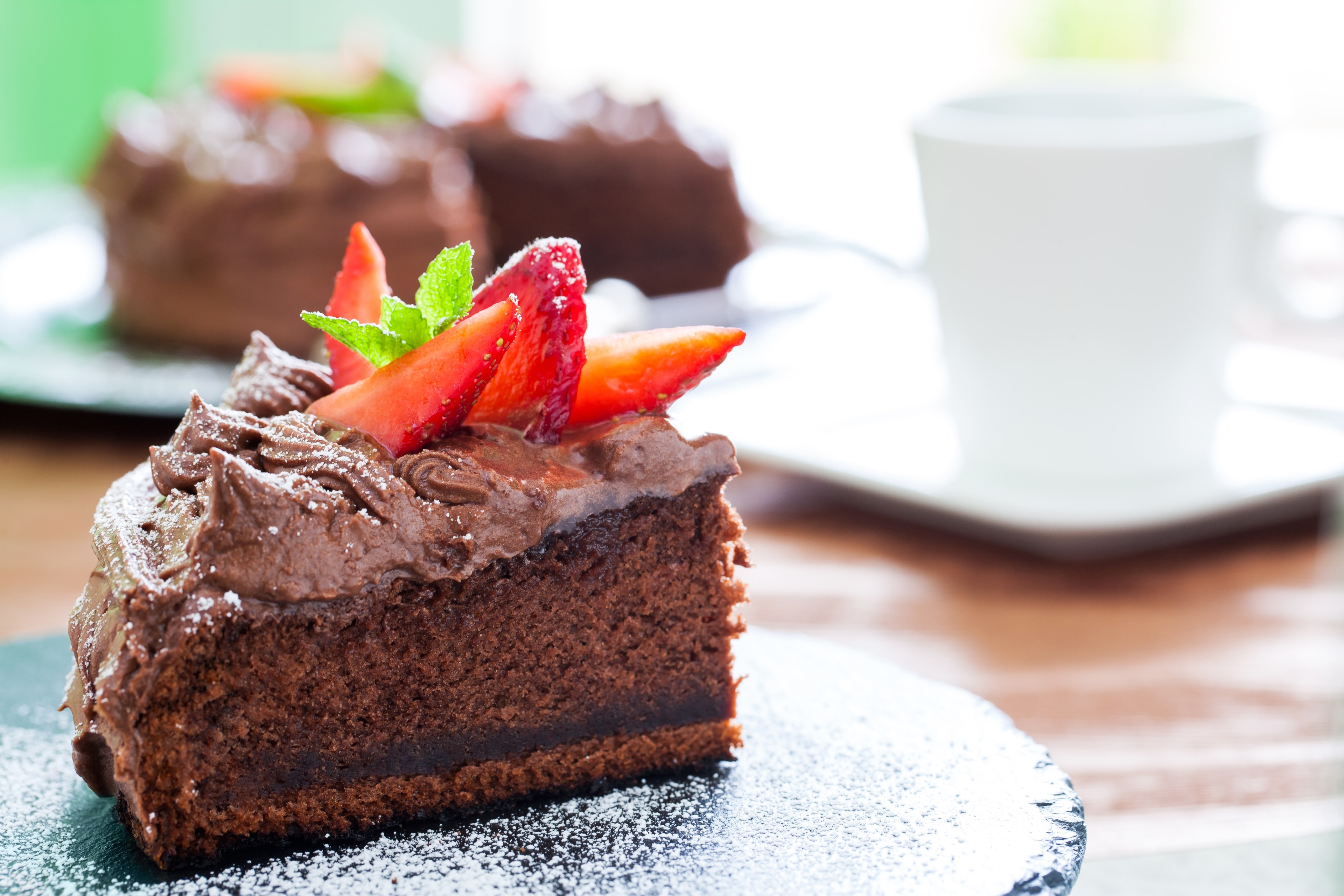 Chocolate cake with strawberries and coffee HD Wallpaper