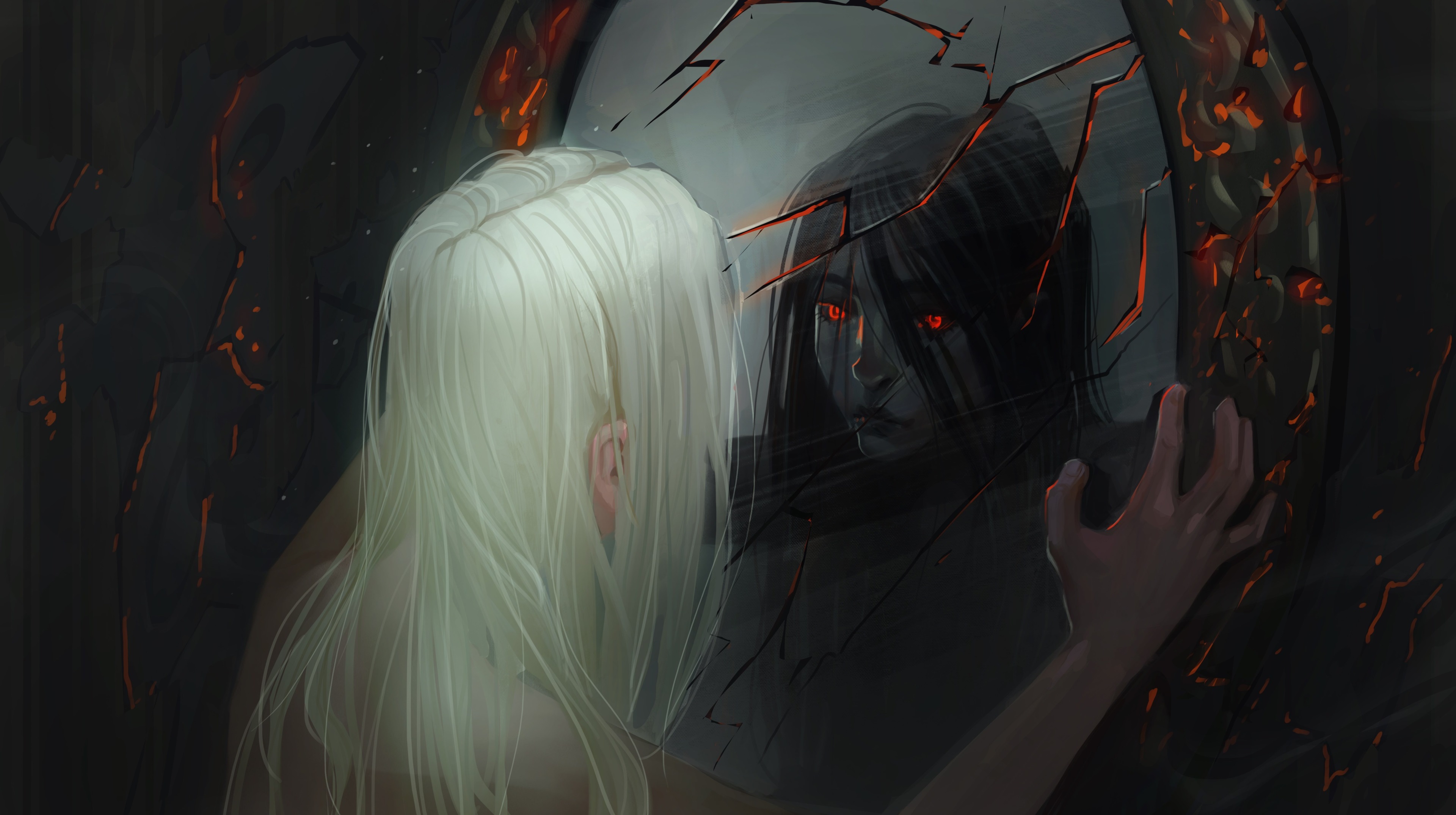 Woman looking into a cracked mirror at a dark reflection HD Wallpaper