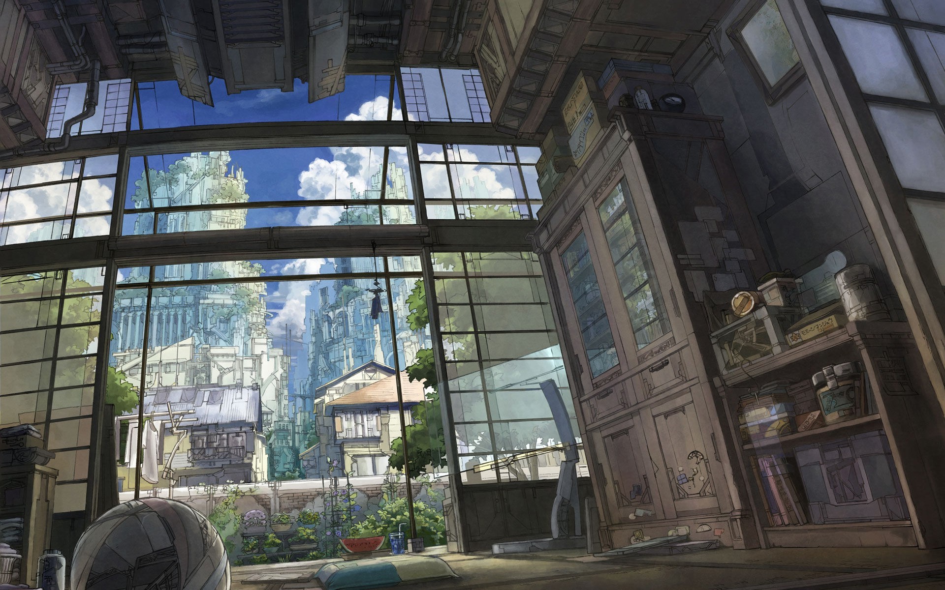 Anime house interior with city view HD Wallpaper