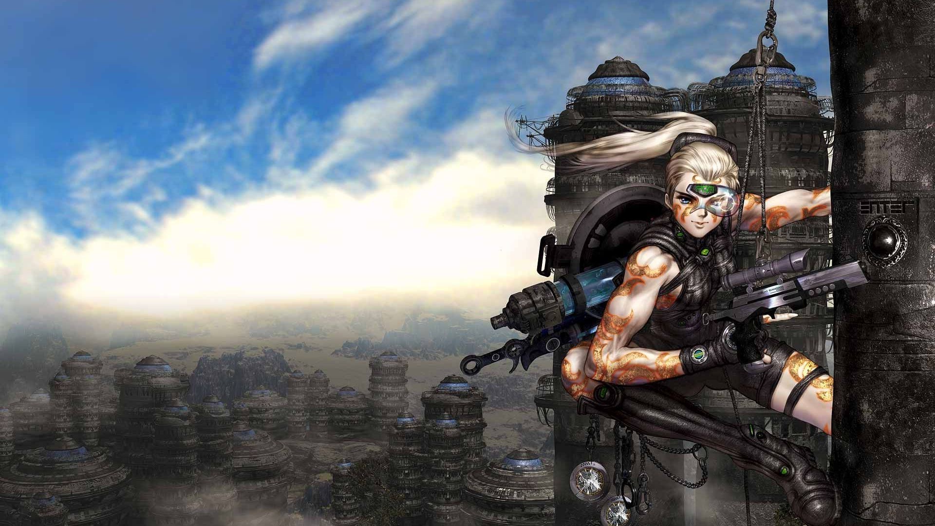 Anime warrior with futuristic city background HD Wallpaper