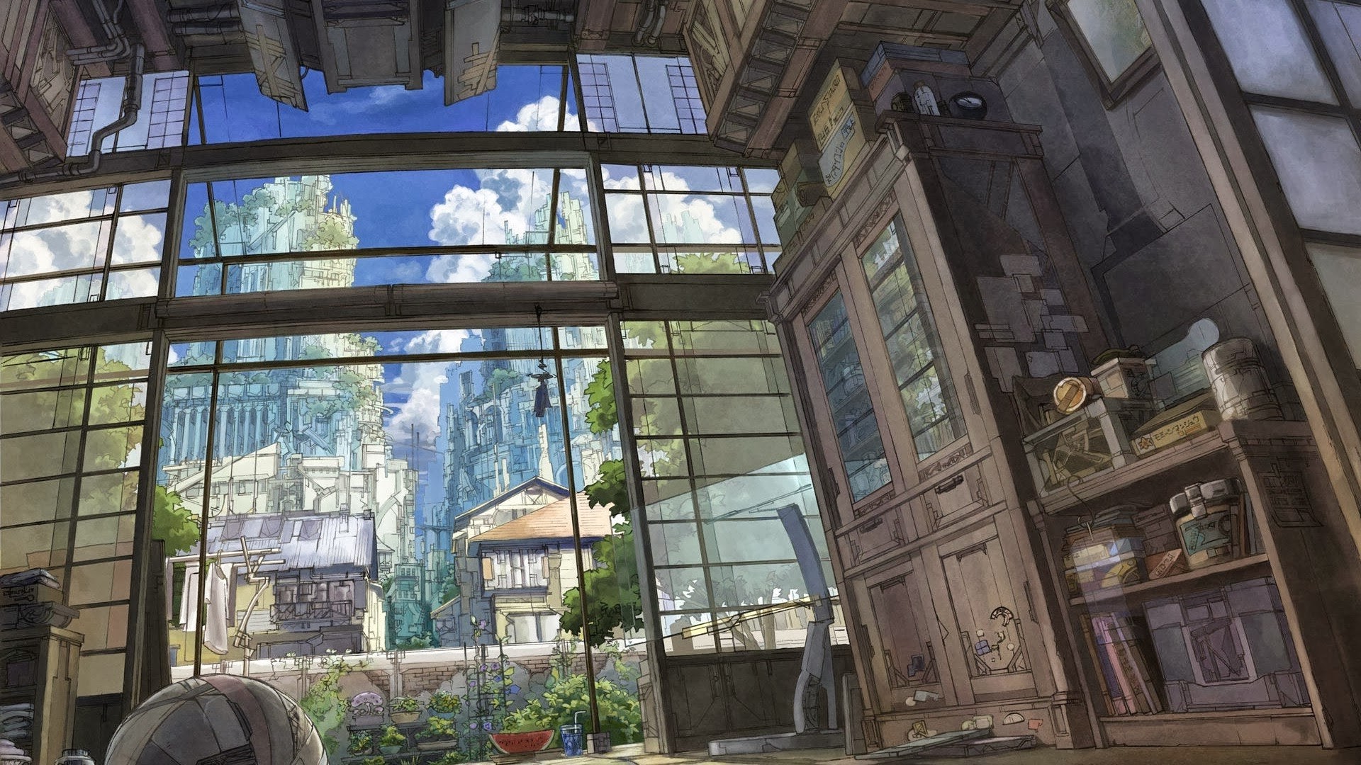 Anime interior with view of futuristic city HD Wallpaper